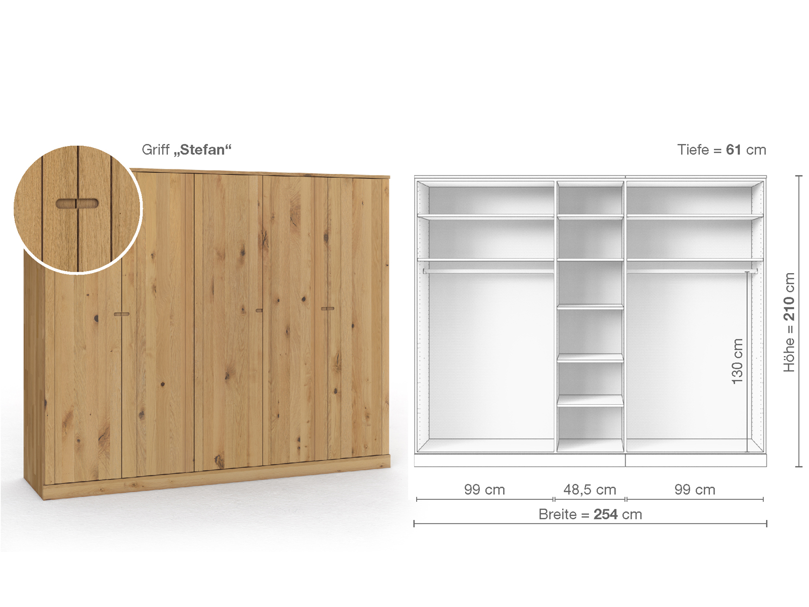 Wildeichenschrank Hell „Arnika“, 5-türig, Höhe 210 cm, Griffausführung „Stefan“, Inneneinrichtung B