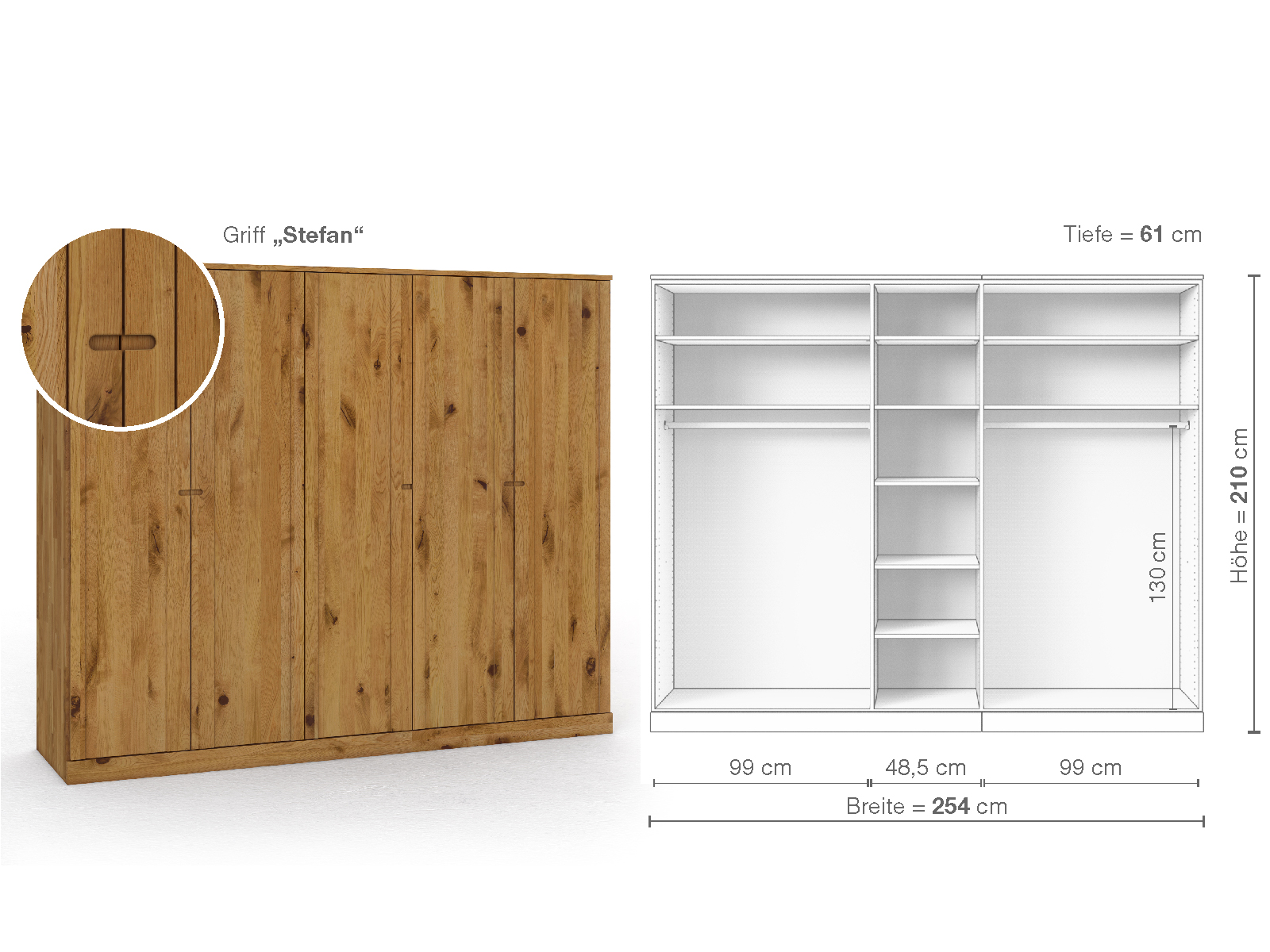 Wildeichenschrank „Arnika“, 5-türig, Höhe 210 cm, Griffausführung „Stefan“, Inneneinrichtung B