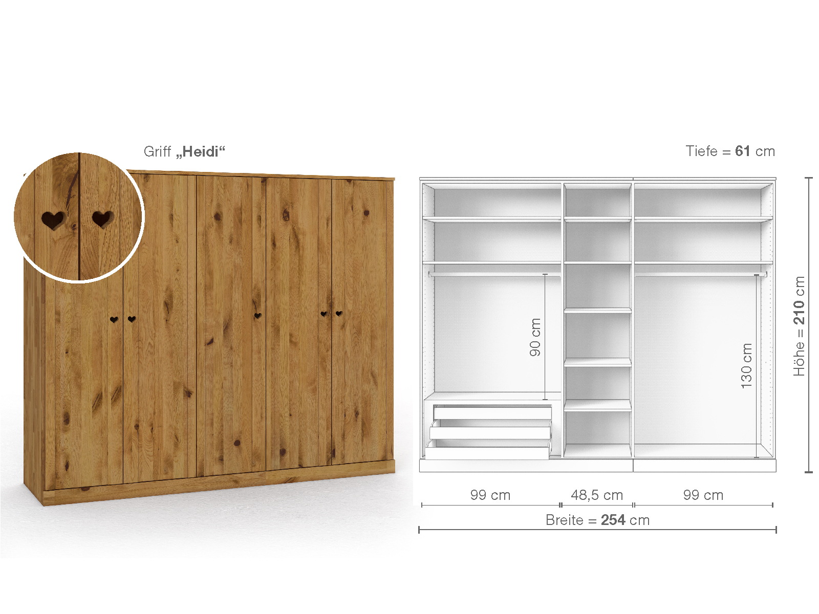 Wildeichenschrank „Arnika“, 5-türig, Höhe 210 cm, Griffausführung „Heidi“, Inneneinrichtung C