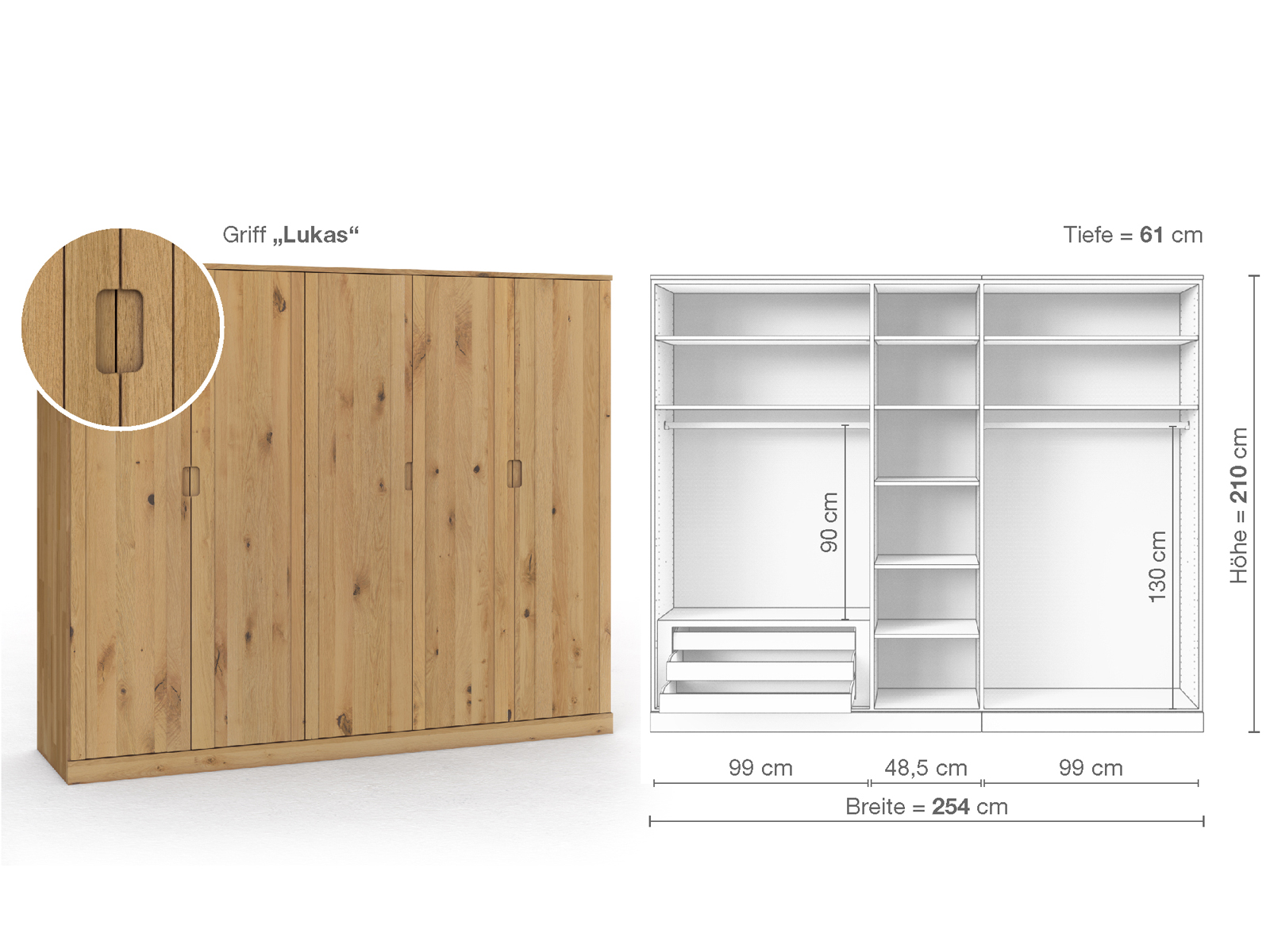 Wildeichenschrank Hell „Arnika“, 5-türig, Höhe 210 cm, Griffausführung „Lukas“, Inneneinrichtung C