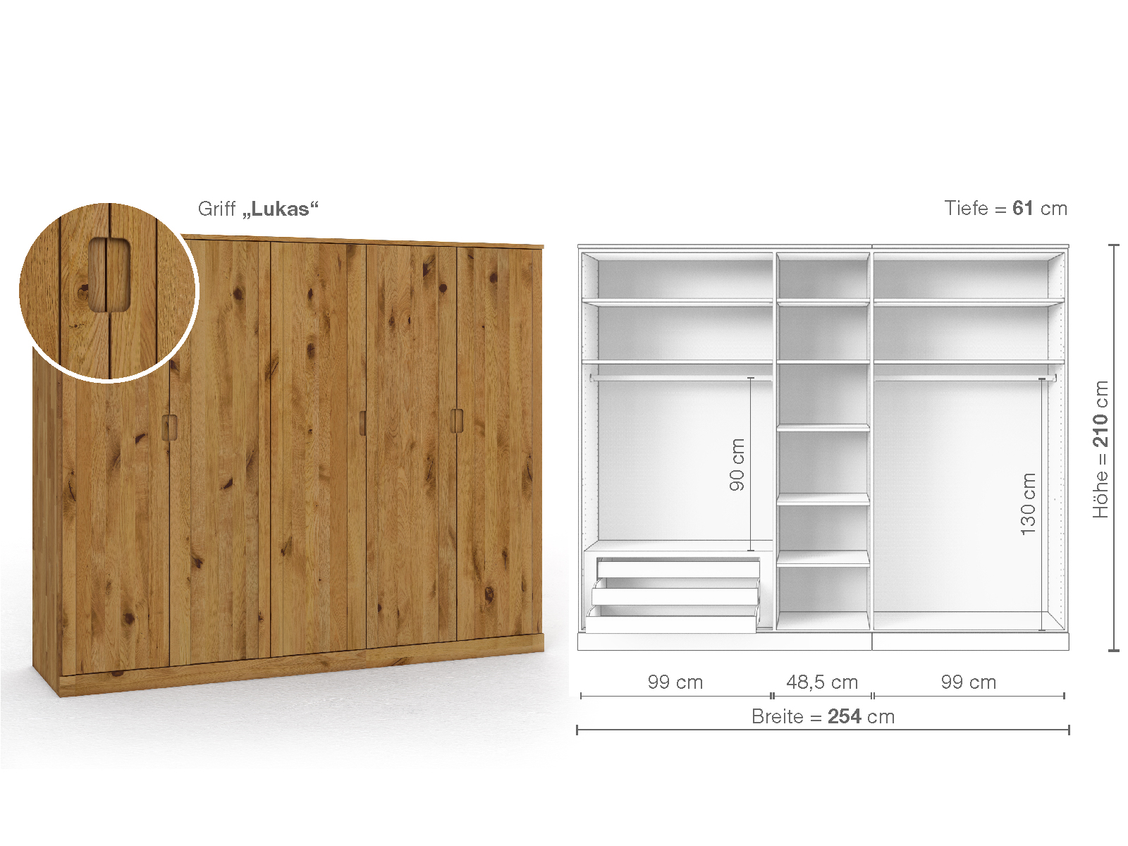 Wildeichenschrank „Arnika“, 5-türig, Höhe 210 cm, Griffausführung „Lukas“, Inneneinrichtung C