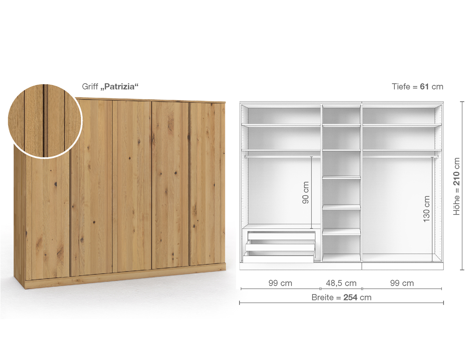 Wildeichenschrank Hell „Arnika“, 5-türig, Höhe 210 cm, Griffausführung „Patrizia“, Inneneinrichtung C