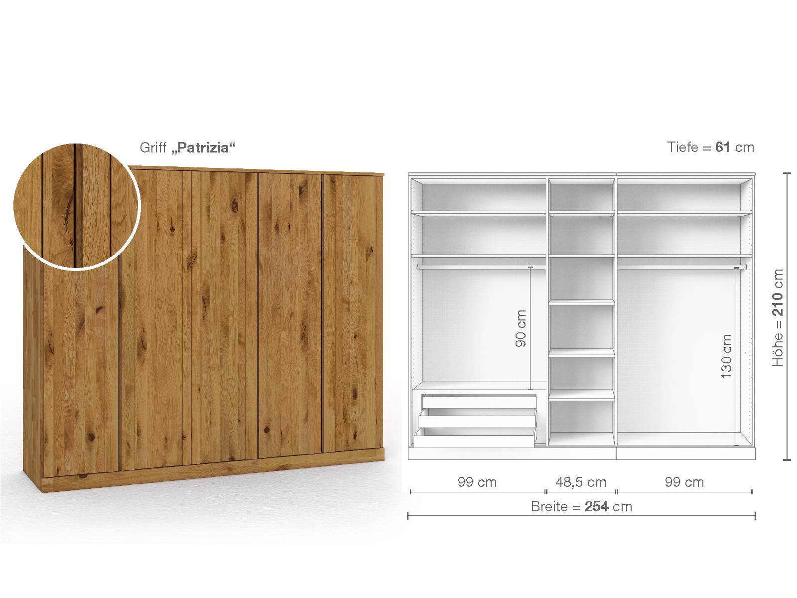 Wildeichenschrank „Arnika“, 5-türig, Höhe 210 cm, Griffausführung „Patrizia“, Inneneinrichtung C