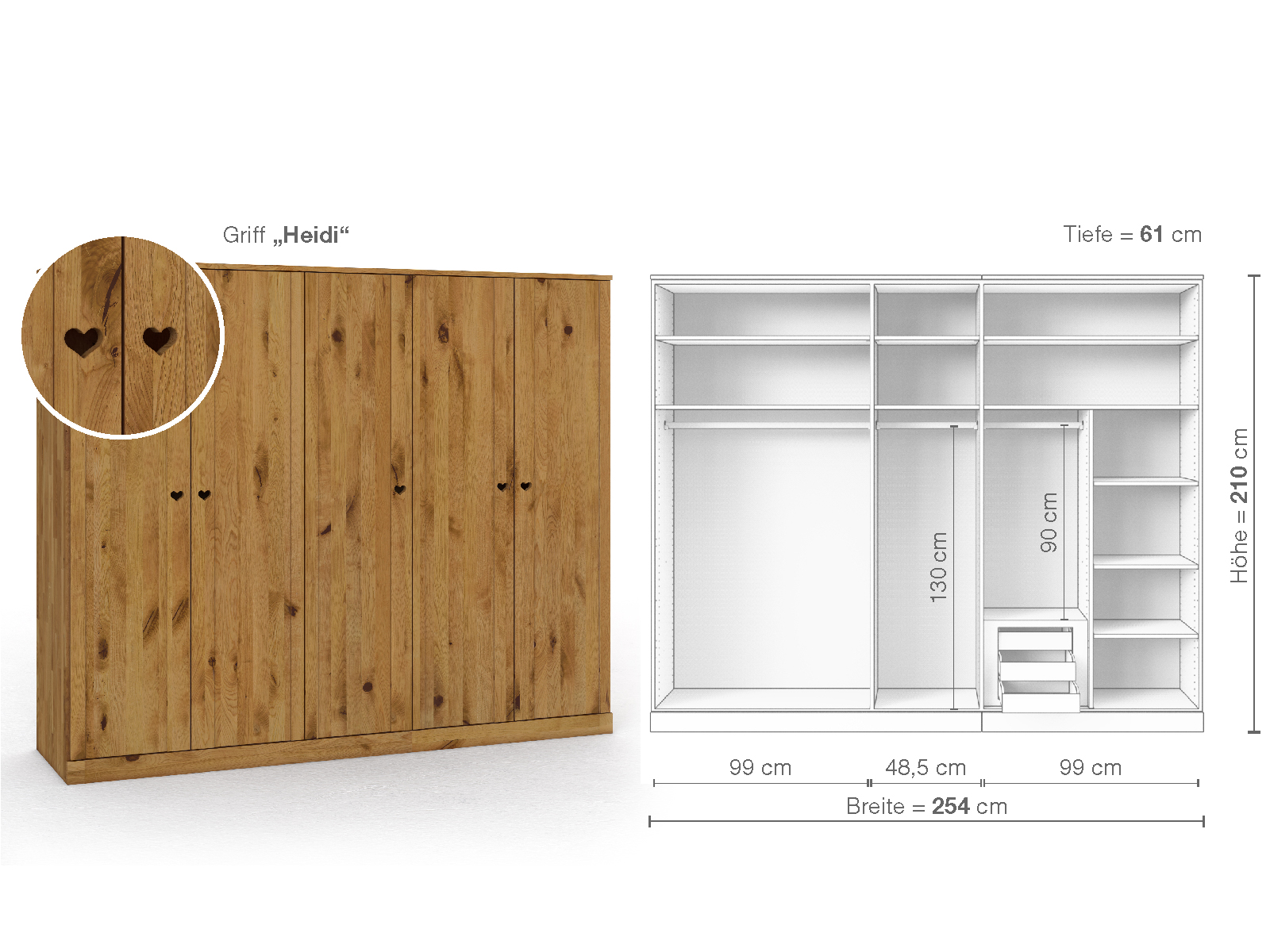 Wildeichenschrank „Arnika“, 5-türig, Höhe 210 cm, Griffausführung „Heidi“, Inneneinrichtung D