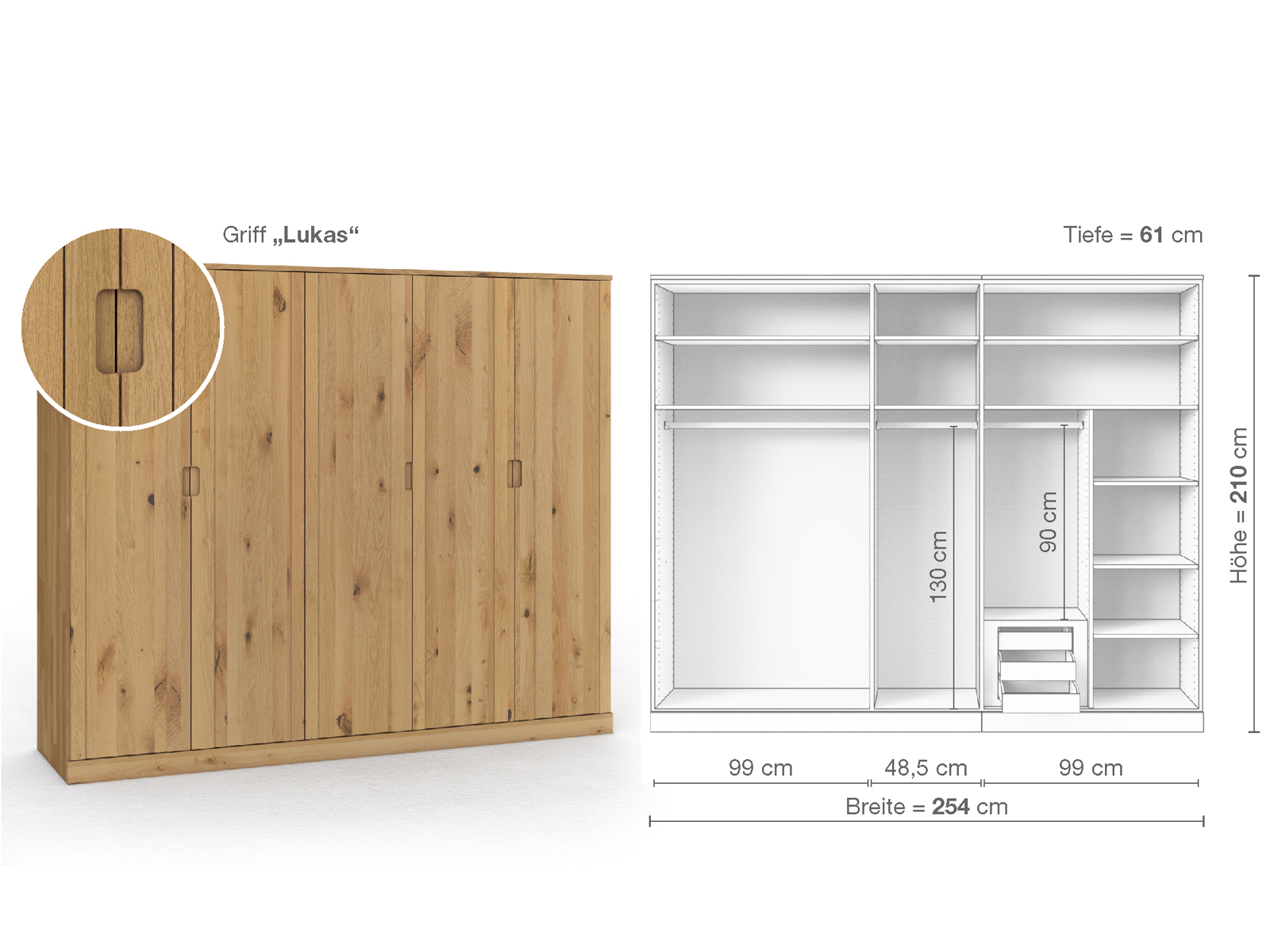 Wildeichenschrank Hell „Arnika“, 5-türig, Höhe 210 cm, Griffausführung „Lukas“, Inneneinrichtung D