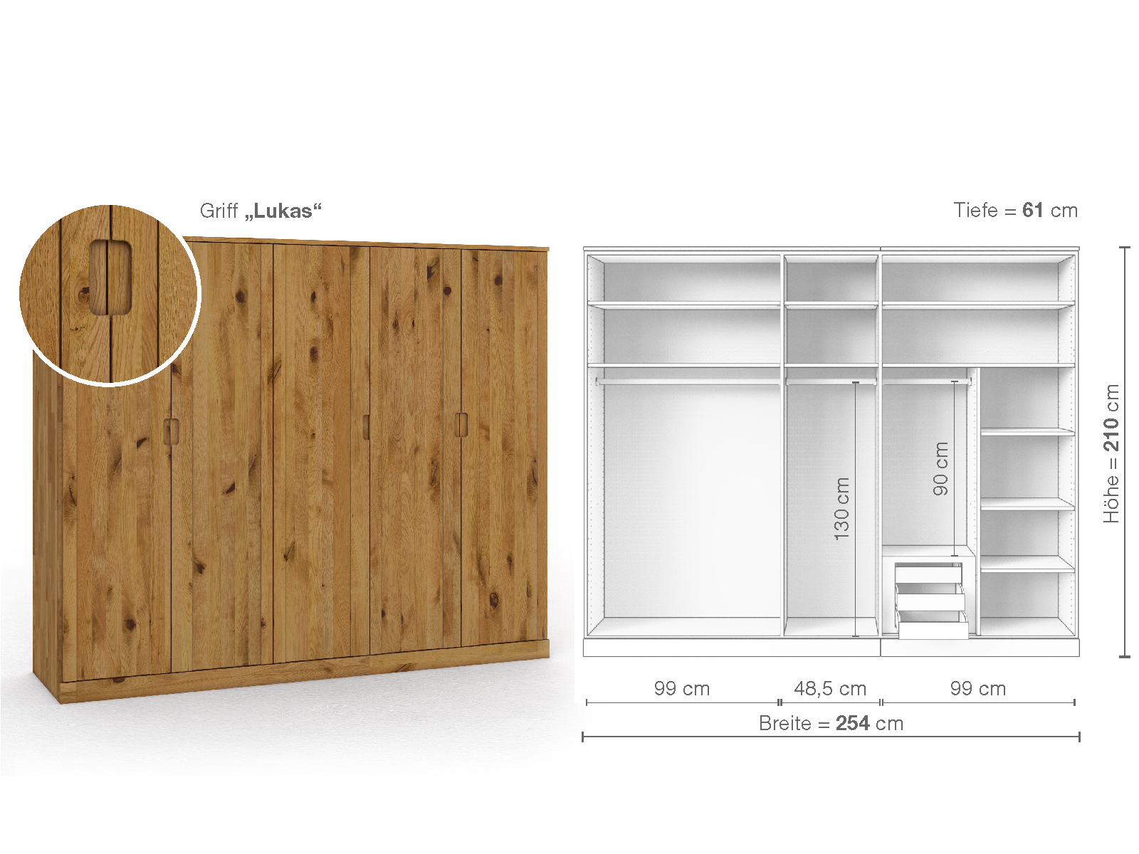 Wildeichenschrank „Arnika“, 5-türig, Höhe 210 cm, Griffausführung „Lukas“, Inneneinrichtung D