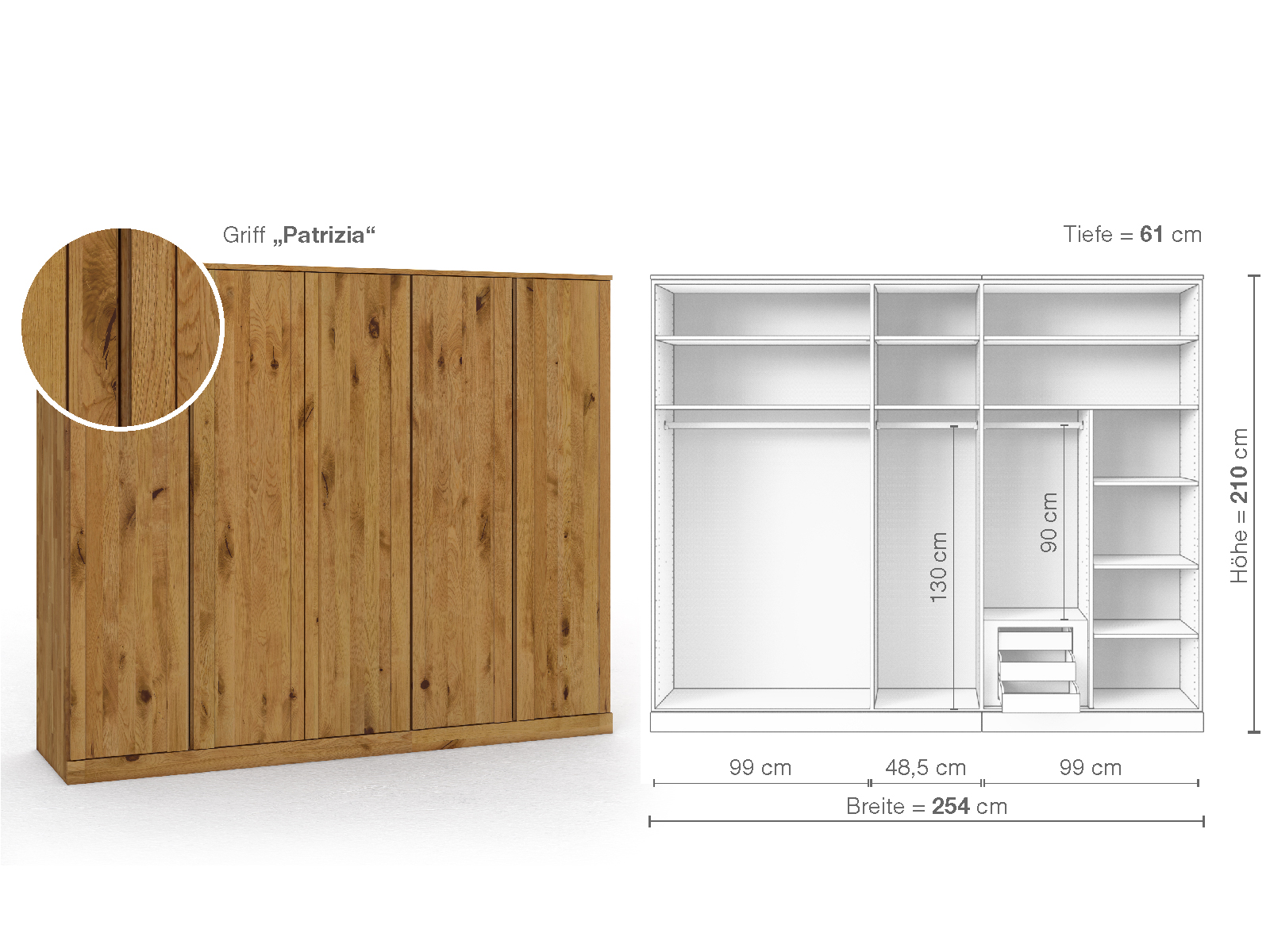 Wildeichenschrank „Arnika“, 5-türig, Höhe 210 cm, Griffausführung „Patrizia“, Inneneinrichtung D