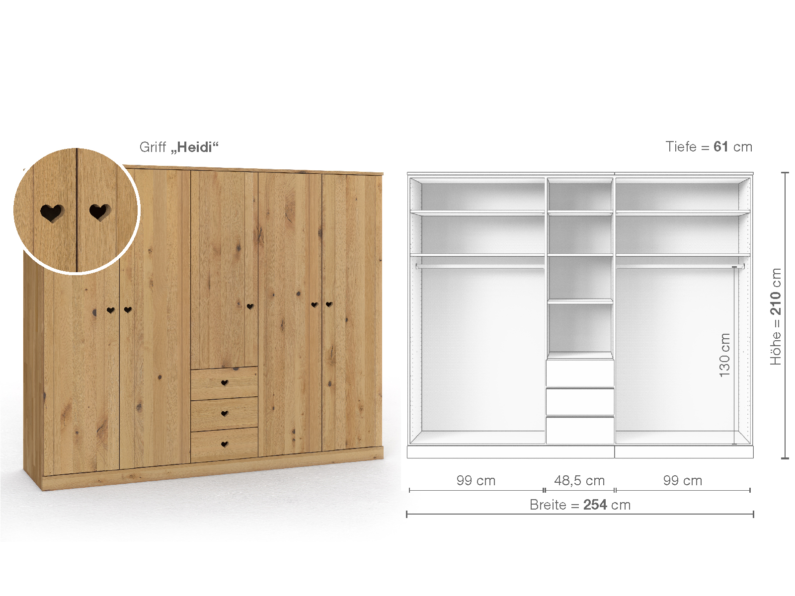 Wildeichenschrank Hell „Arnika“, 5-türig, Höhe 210 cm, Griffausführung „Heidi“, Inneneinrichtung E