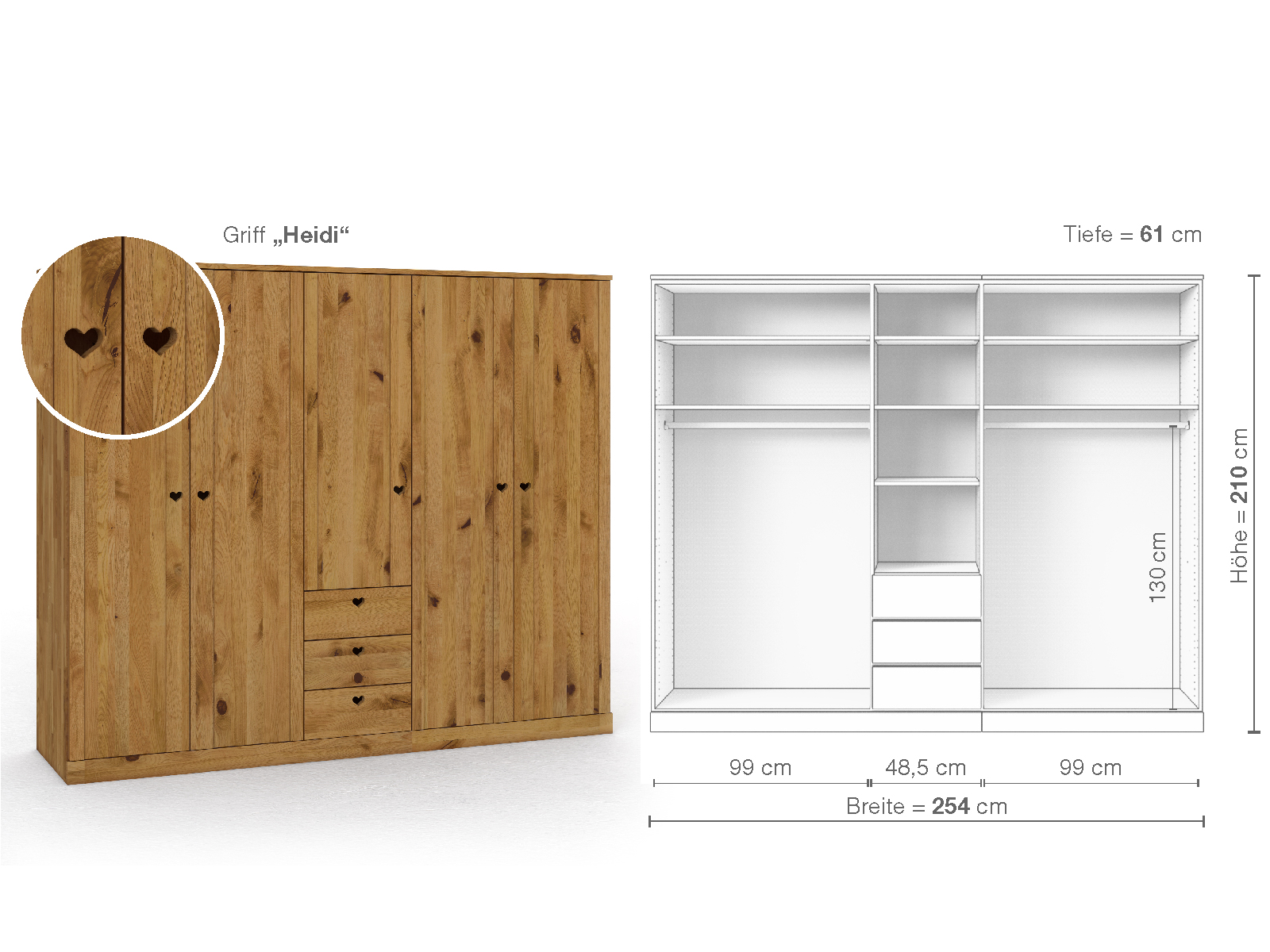 Wildeichenschrank „Arnika“, 5-türig, Höhe 210 cm, Griffausführung „Heidi“, Inneneinrichtung E