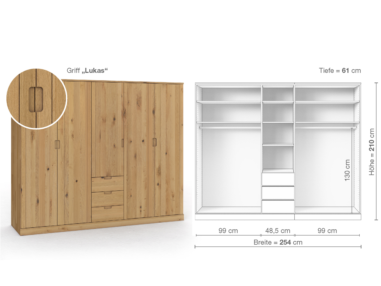 Wildeichenschrank Hell „Arnika“, 5-türig, Höhe 210 cm, Griffausführung „Lukas“, Inneneinrichtung E