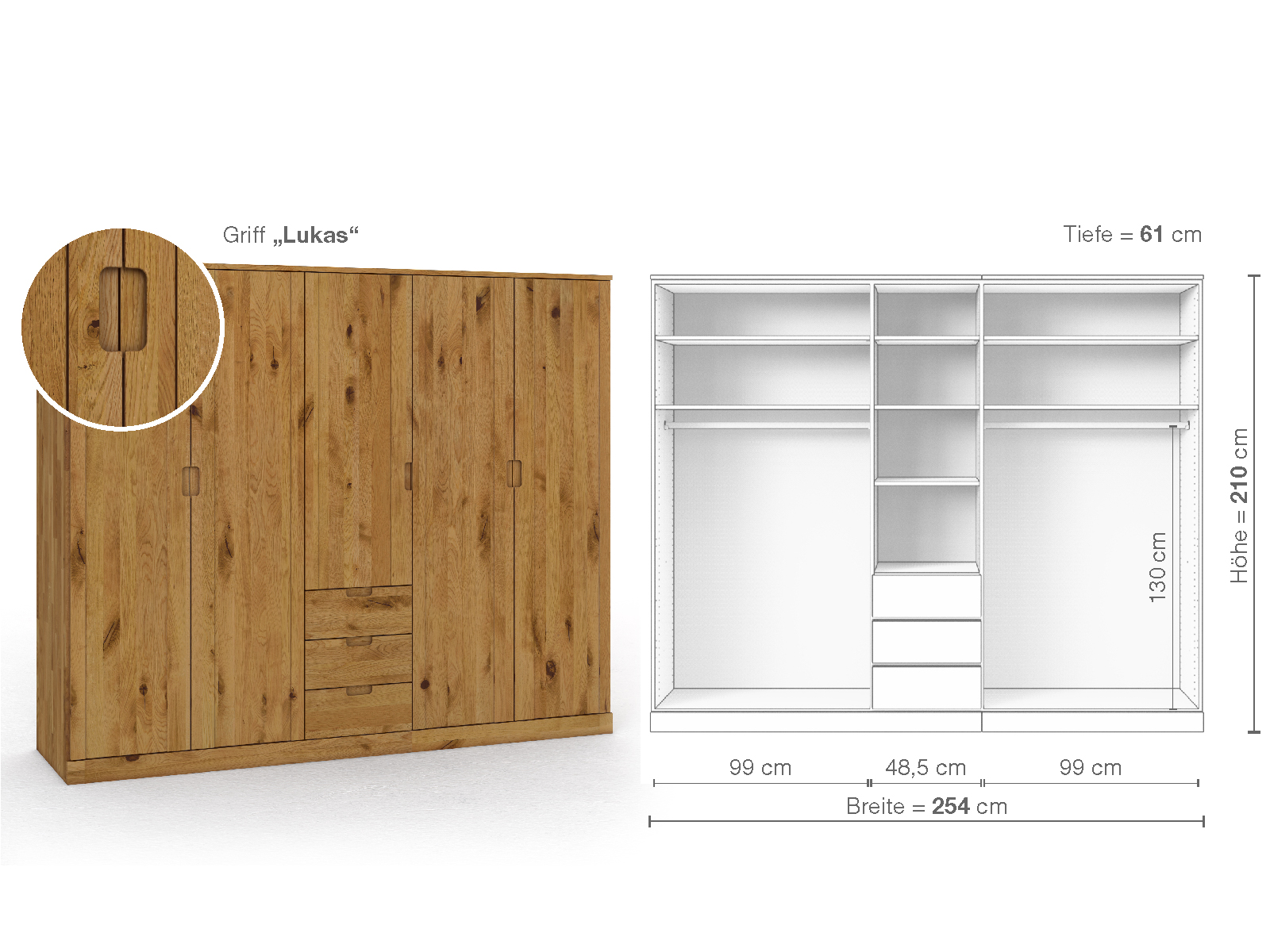 Wildeichenschrank „Arnika“, 5-türig, Höhe 210 cm, Griffausführung „Lukas“, Inneneinrichtung E