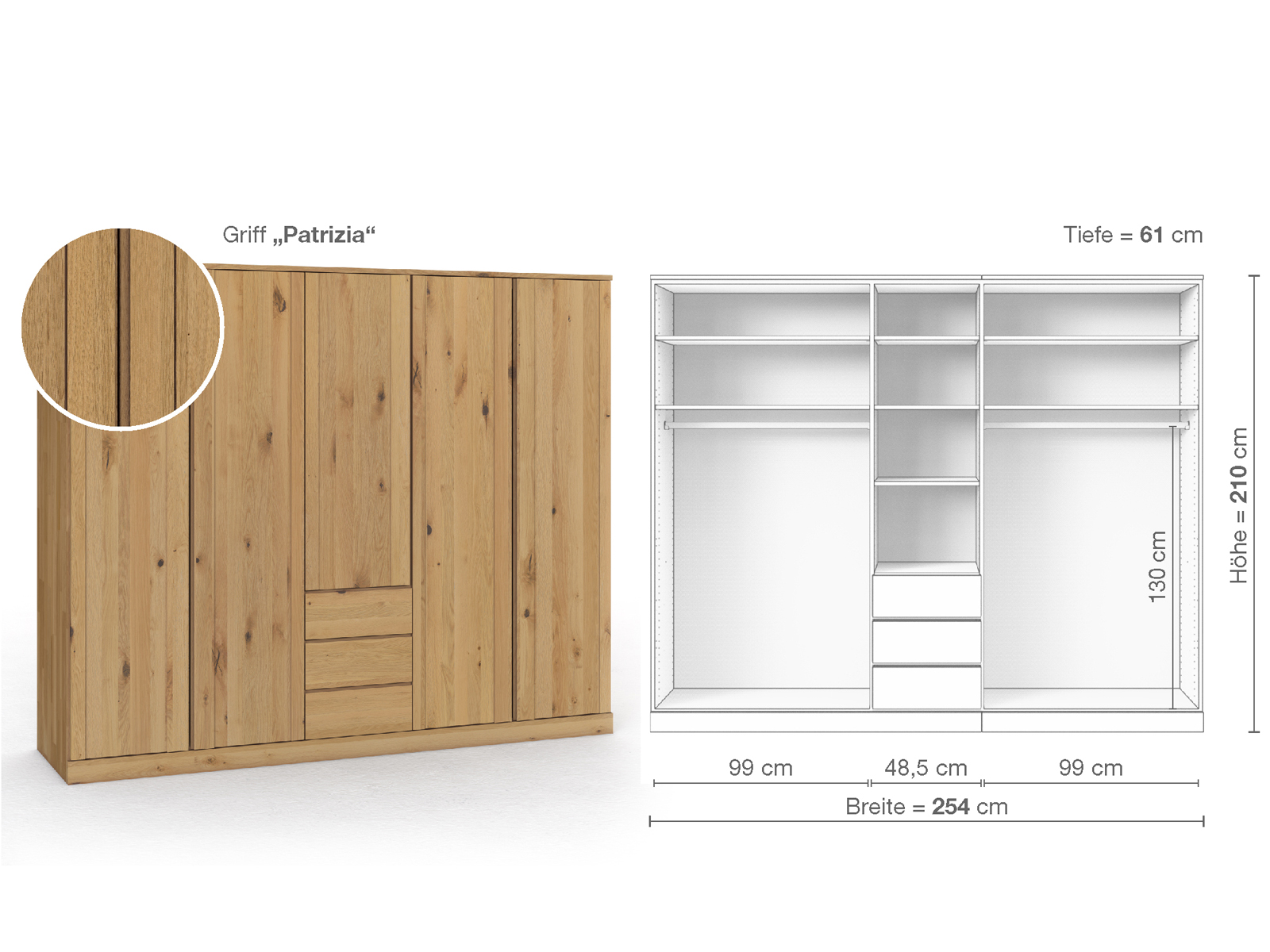 Wildeichenschrank Hell „Arnika“, 5-türig, Höhe 210 cm, Griffausführung „Patrizia“, Inneneinrichtung E