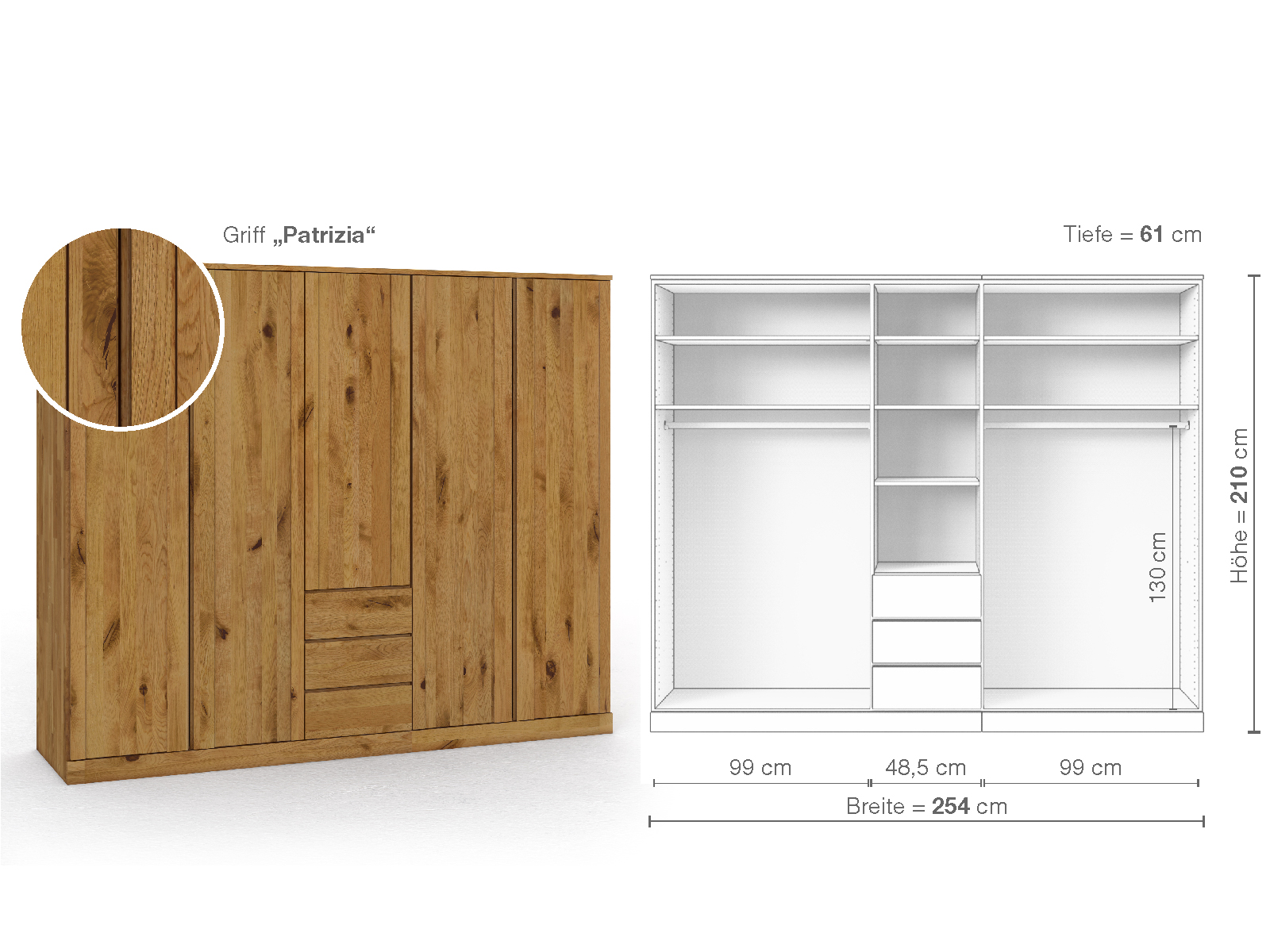 Wildeichenschrank „Arnika“, 5-türig, Höhe 210 cm, Griffausführung „Patrizia“, Inneneinrichtung E