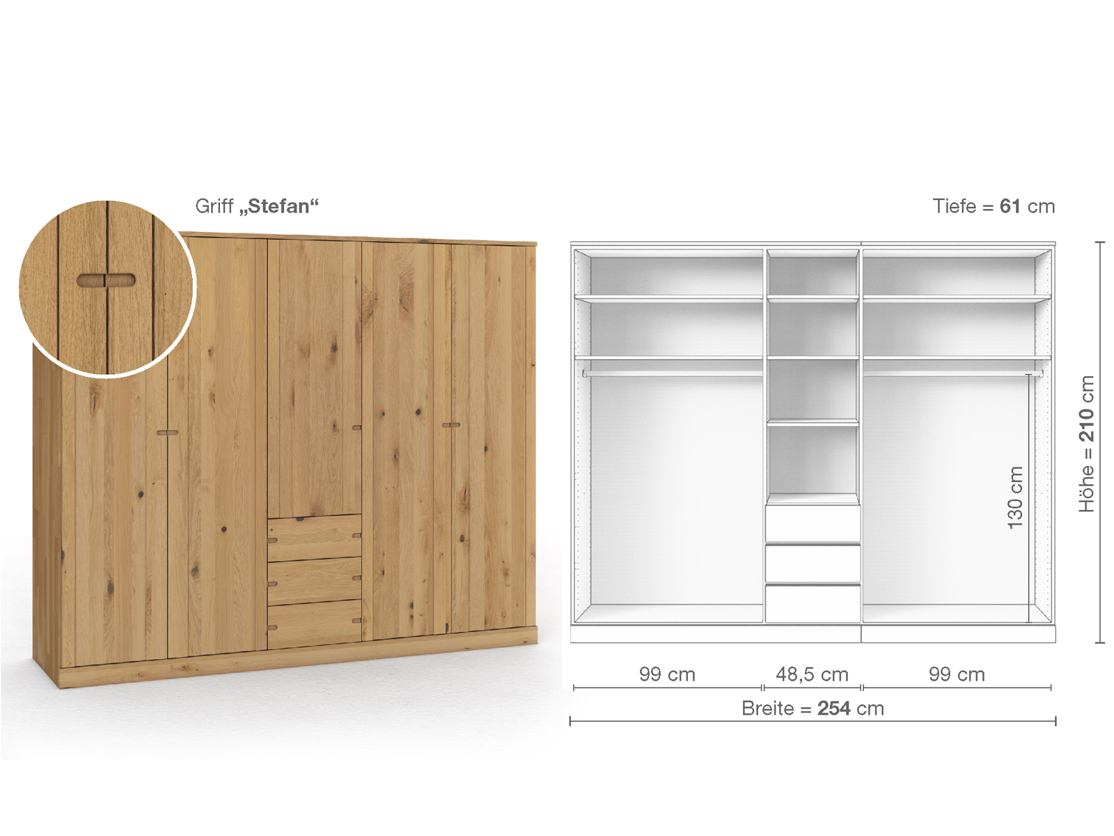 Wildeichenschrank Hell „Arnika“, 5-türig, Höhe 210 cm, Griffausführung „Stefan“, Inneneinrichtung E