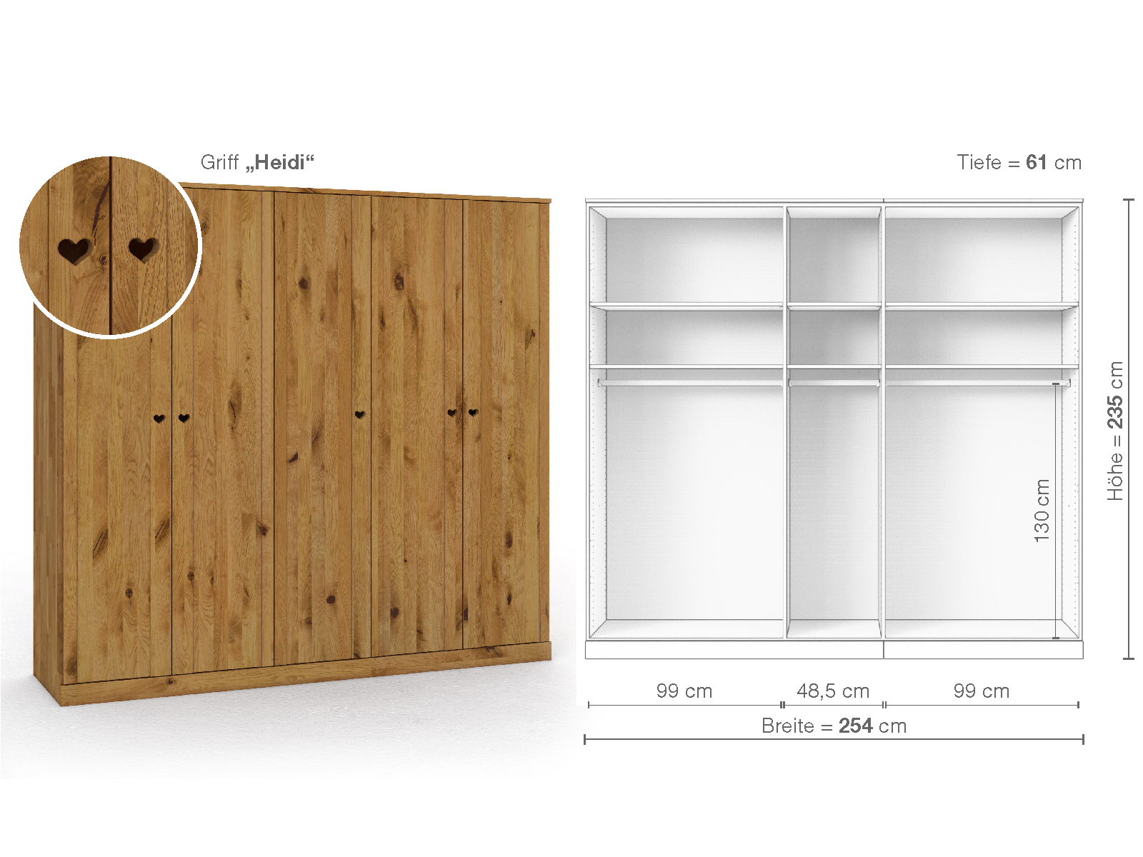 Wildeichenschrank „Arnika“, 5-türig, Höhe 235 cm, Griffausführung „Heidi“, Inneneinrichtung A