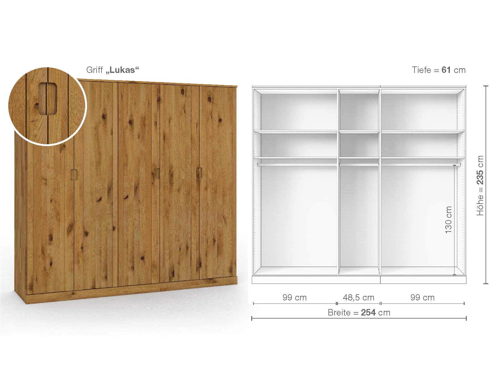 Wildeichenschrank „Arnika“, 5-türig, Höhe 235 cm, Griffausführung „Lukas“, Inneneinrichtung A