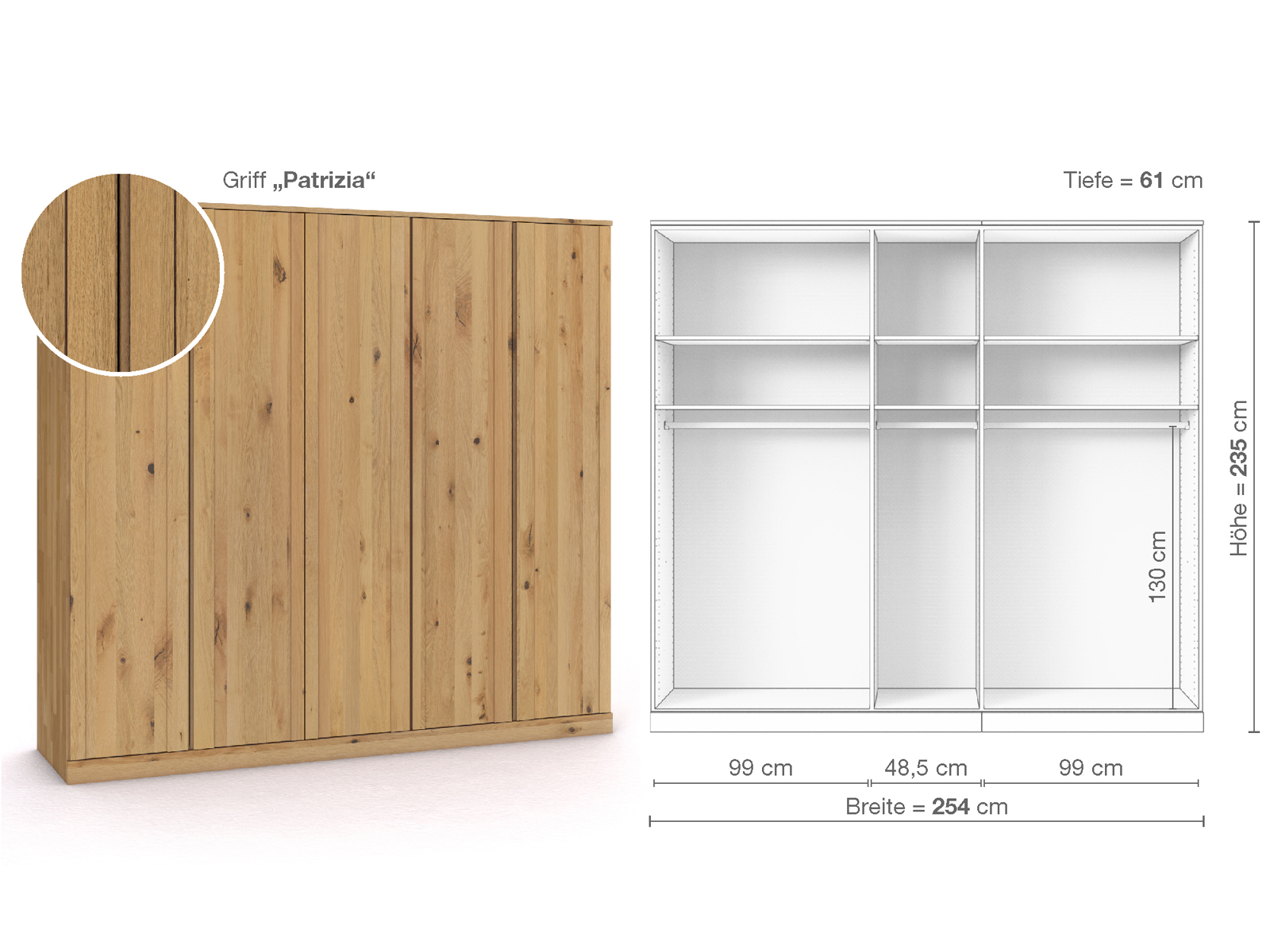 Wildeichenschrank Hell „Arnika“, 5-türig, Höhe 235 cm, Griffausführung „Patrizia“, Inneneinrichtung A