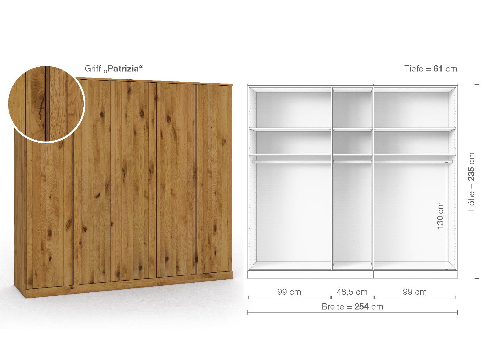 Wildeichenschrank „Arnika“, 5-türig, Höhe 235 cm, Griffausführung „Patrizia“, Inneneinrichtung A