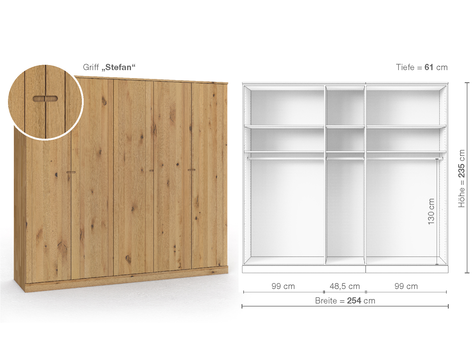 Wildeichenschrank Hell „Arnika“, 5-türig, Höhe 235 cm, Griffausführung „Stefan“, Inneneinrichtung A