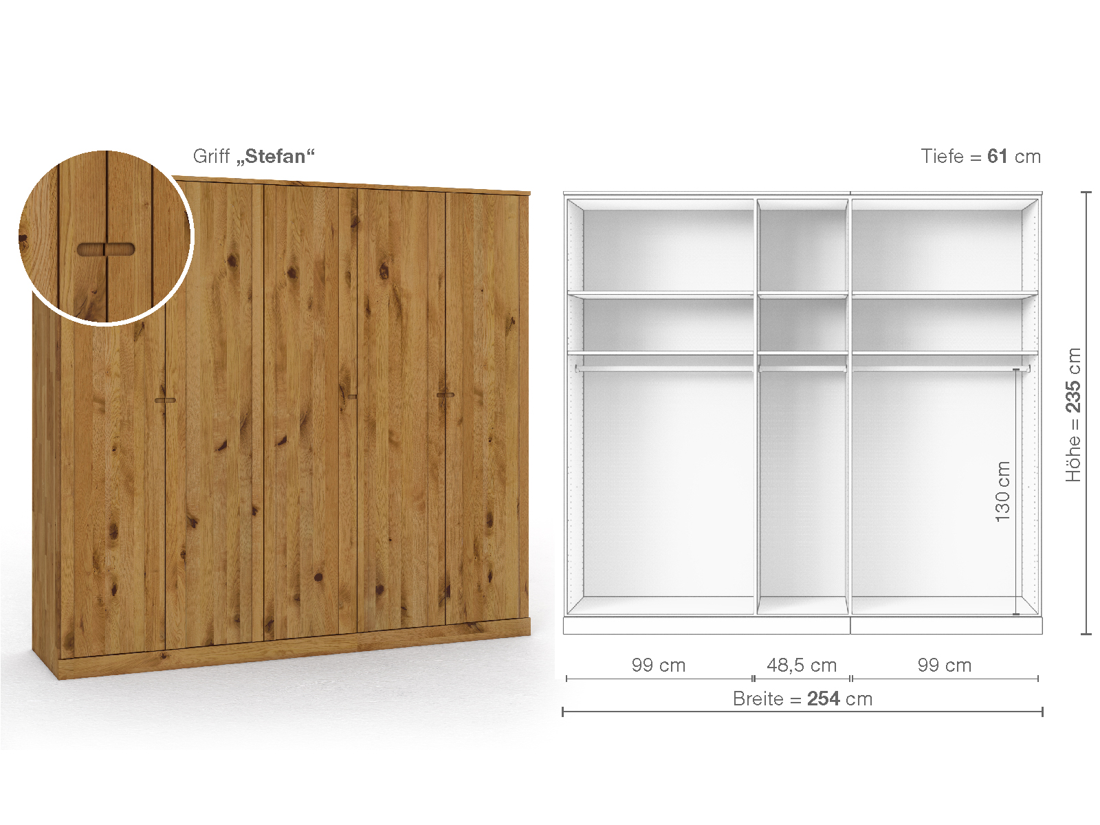 Wildeichenschrank „Arnika“, 5-türig, Höhe 235 cm, Griffausführung „Stefan“, Inneneinrichtung A