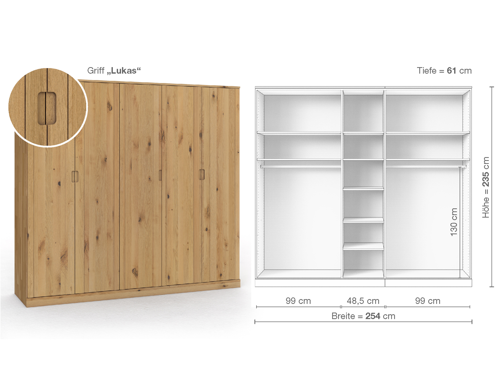 Wildeichenschrank Hell „Arnika“, 5-türig, Höhe 235 cm, Griffausführung „Lukas“, Inneneinrichtung B