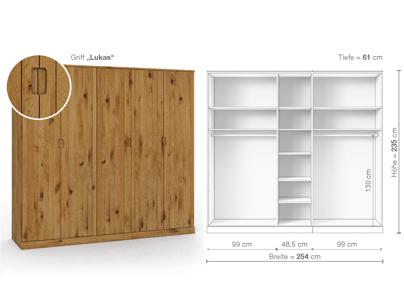 Wildeichenschrank „Arnika“, 5-türig, Höhe 235 cm, Griffausführung „Lukas“, Inneneinrichtung B