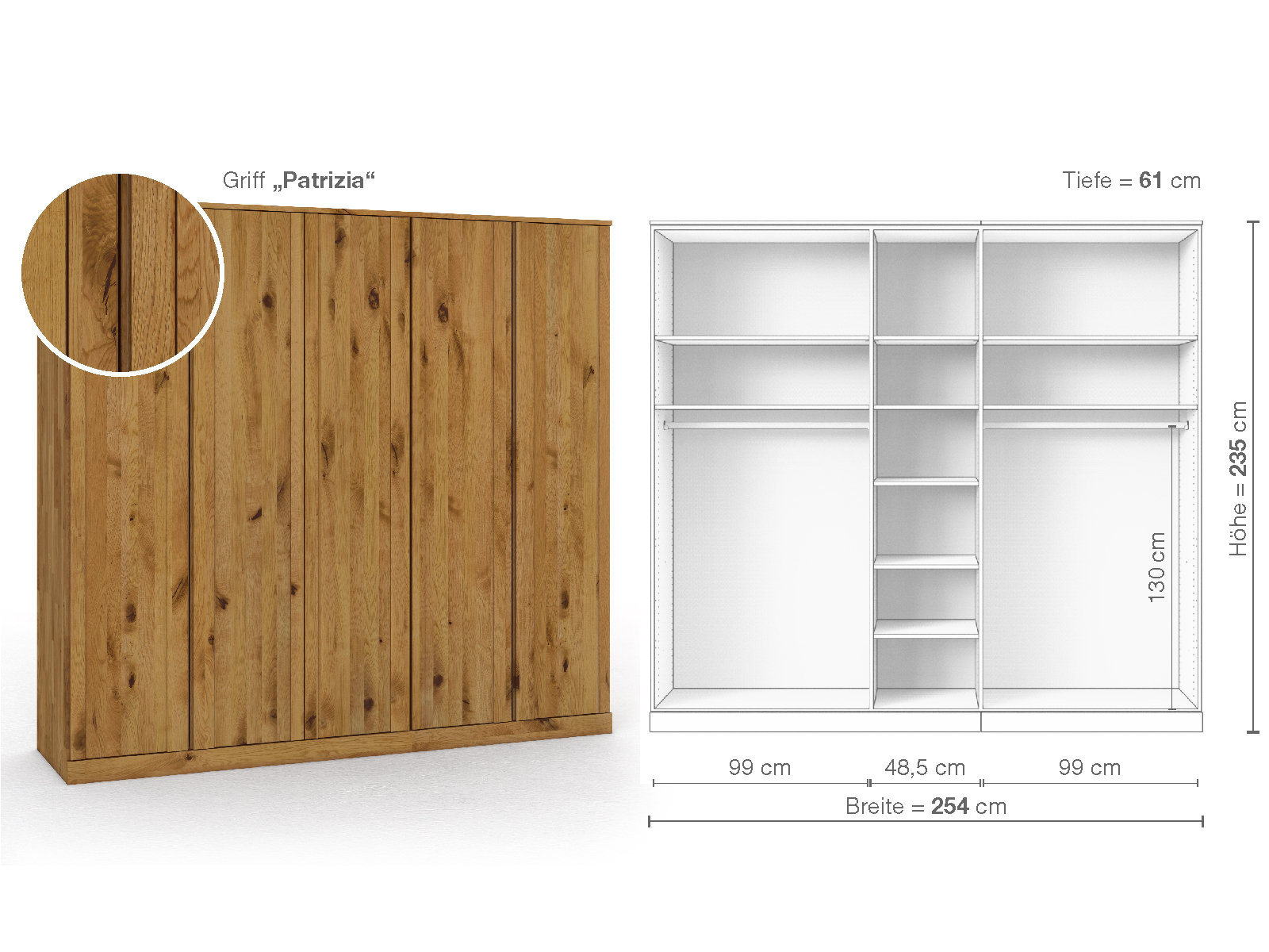 Wildeichenschrank „Arnika“, 5-türig, Höhe 235 cm, Griffausführung „Patrizia“, Inneneinrichtung B