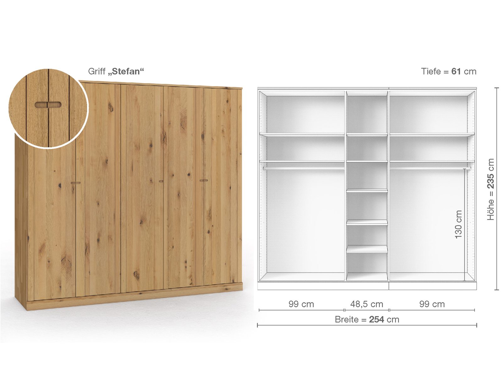 Wildeichenschrank Hell „Arnika“, 5-türig, Höhe 235 cm, Griffausführung „Stefan“, Inneneinrichtung B