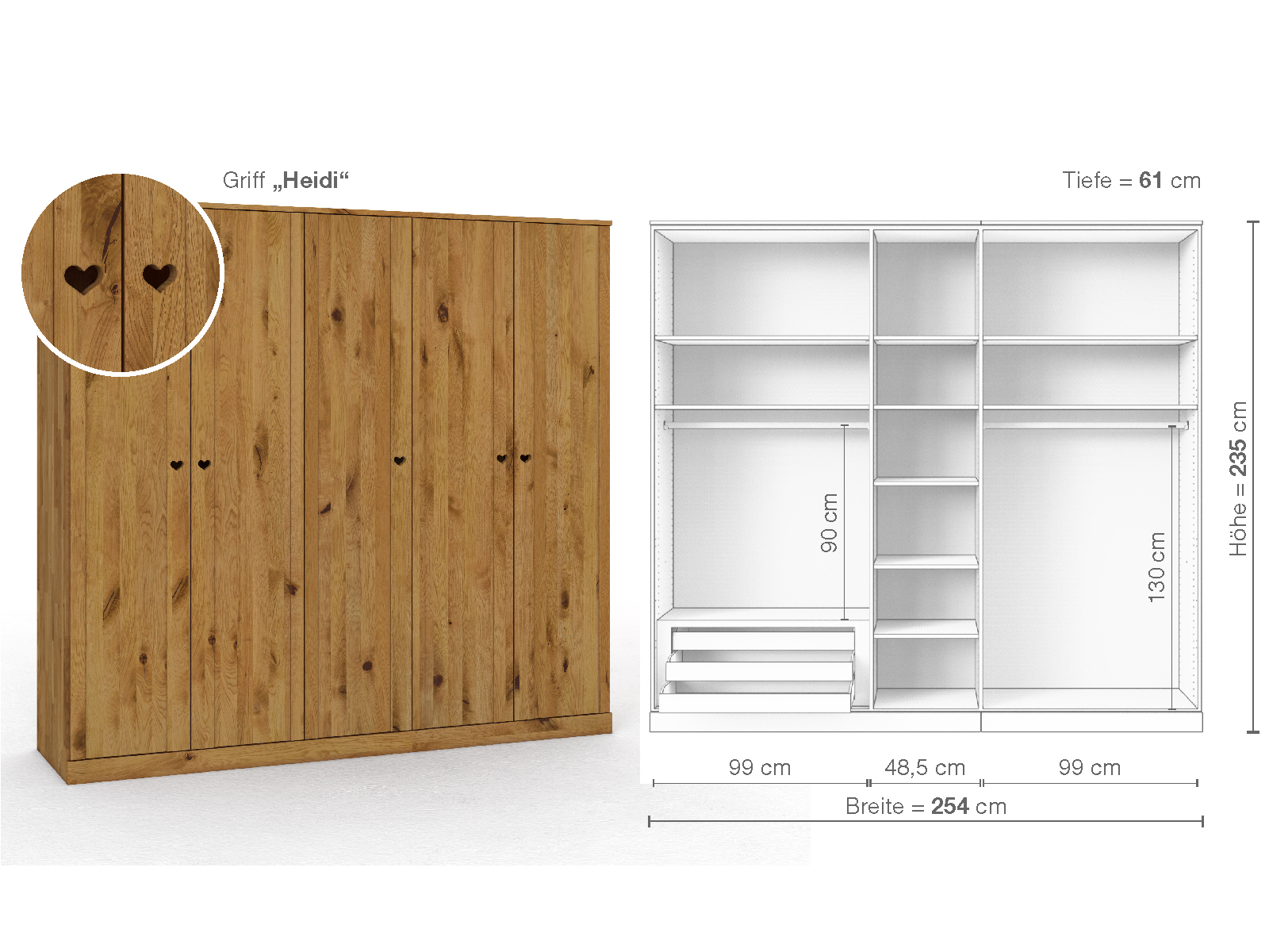 Wildeichenschrank „Arnika“, 5-türig, Höhe 235 cm, Griffausführung „Heidi“, Inneneinrichtung C