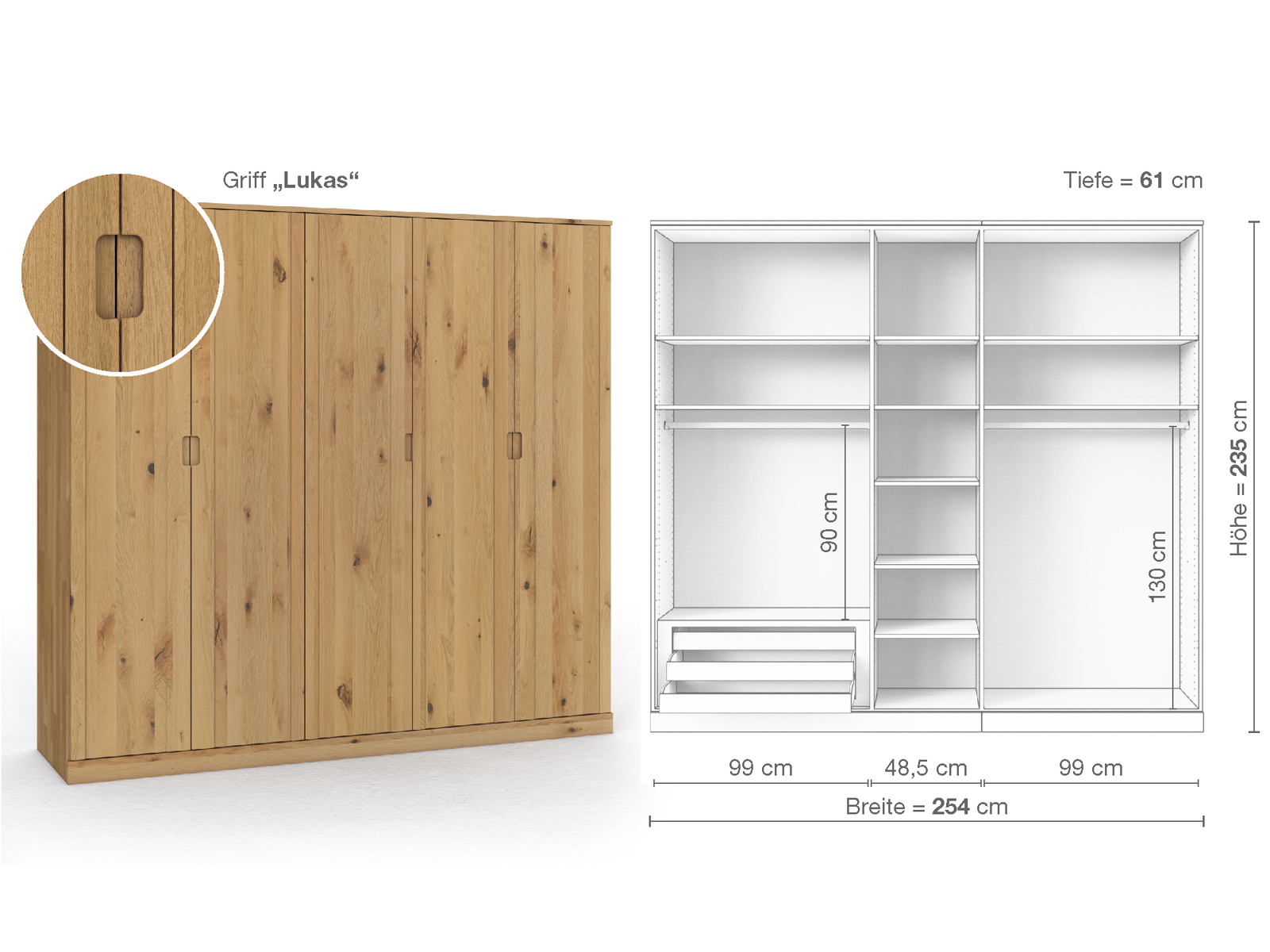 Wildeichenschrank Hell „Arnika“, 5-türig, Höhe 235 cm, Griffausführung „Lukas“, Inneneinrichtung C