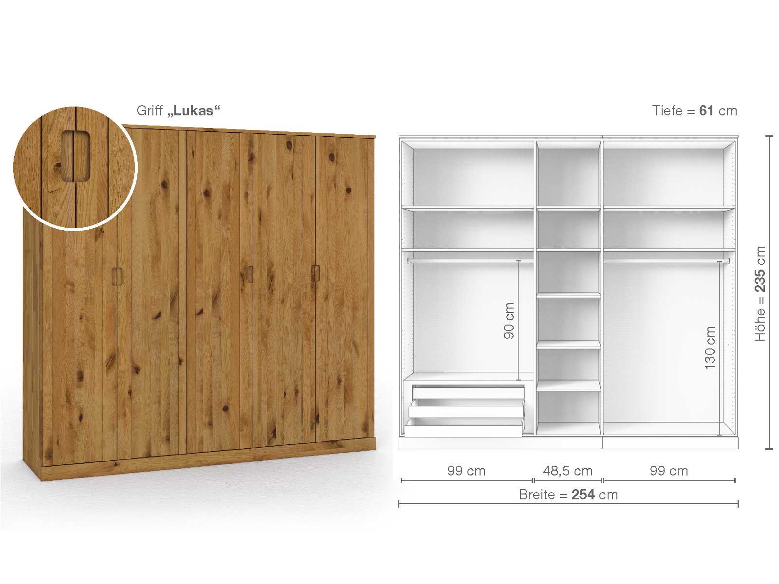 Wildeichenschrank „Arnika“, 5-türig, Höhe 235 cm, Griffausführung „Lukas“, Inneneinrichtung C