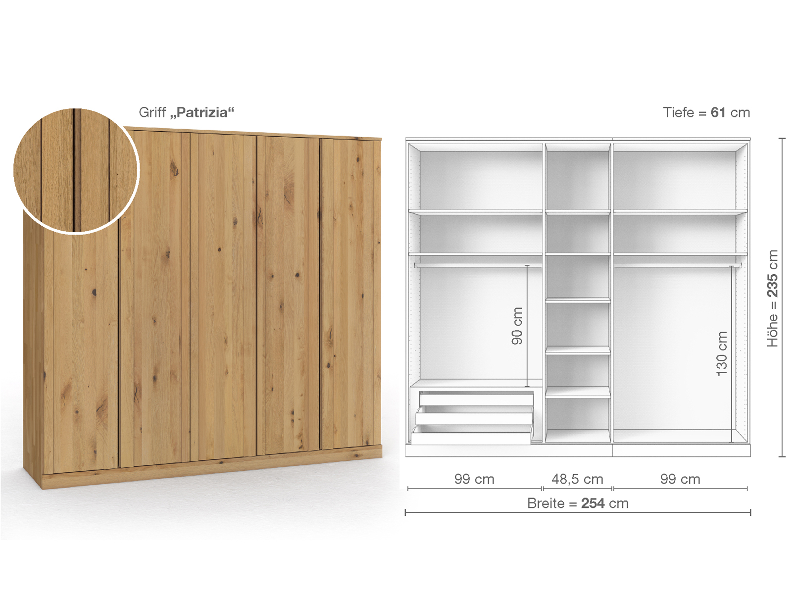 Wildeichenschrank Hell „Arnika“, 5-türig, Höhe 235 cm, Griffausführung „Patrizia“, Inneneinrichtung C