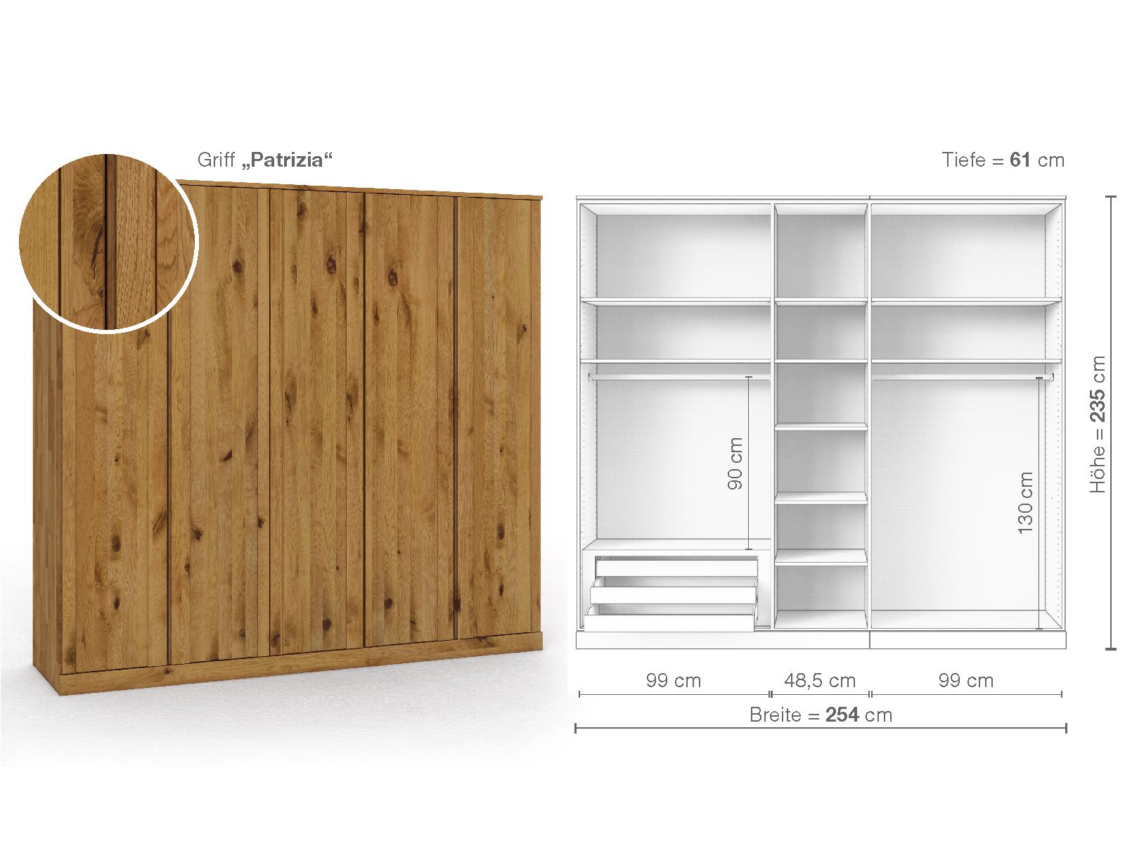 Wildeichenschrank „Arnika“, 5-türig, Höhe 235 cm, Griffausführung „Patrizia“, Inneneinrichtung C