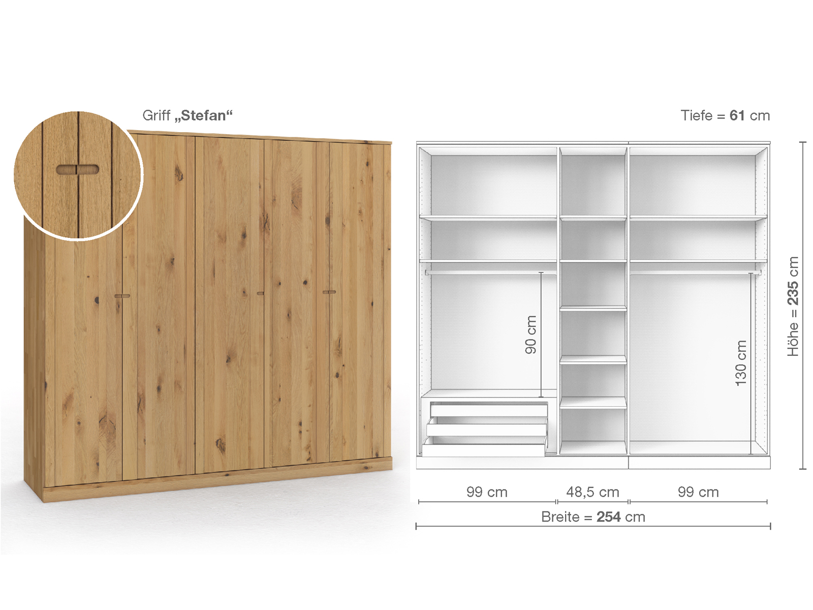 Wildeichenschrank Hell „Arnika“, 5-türig, Höhe 235 cm, Griffausführung „Stefan“, Inneneinrichtung C