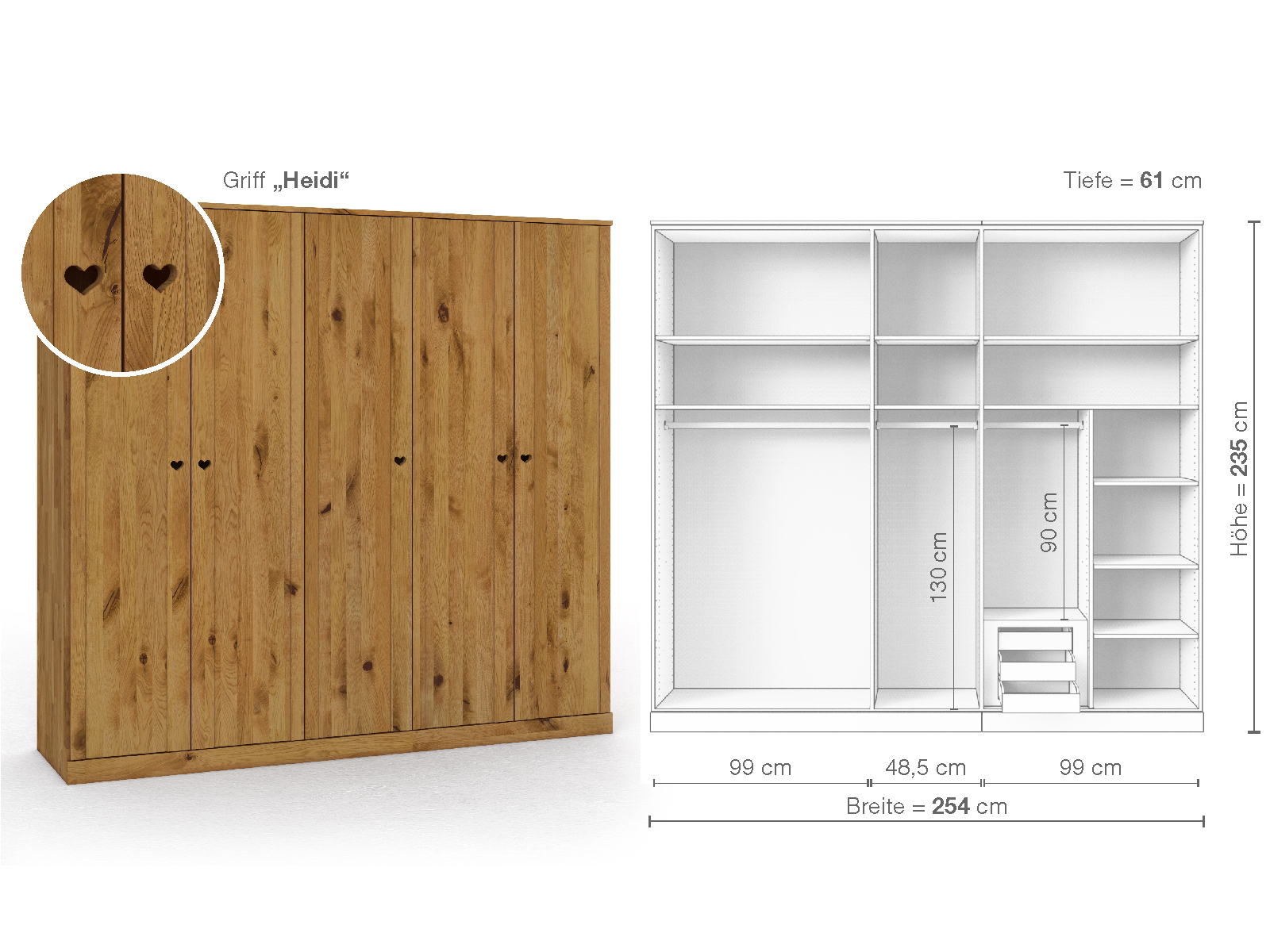 Wildeichenschrank „Arnika“, 5-türig, Höhe 235 cm, Griffausführung „Heidi“, Inneneinrichtung D
