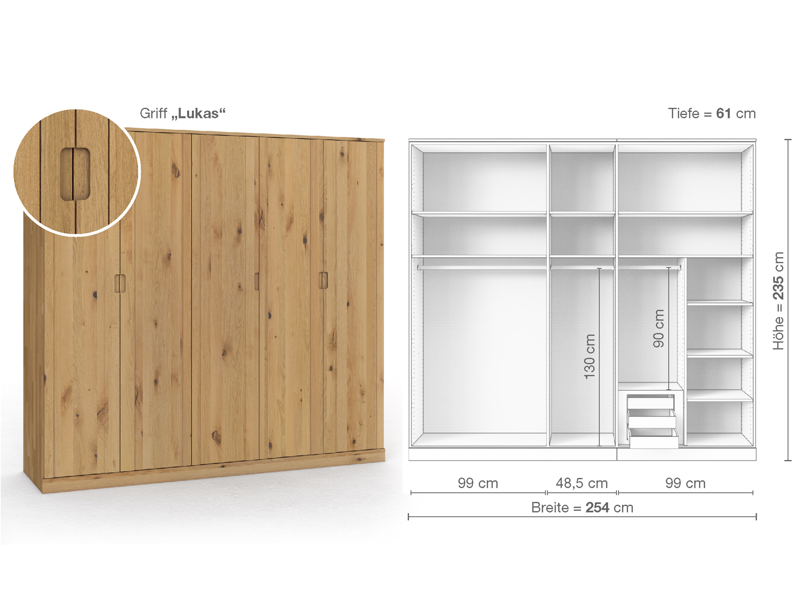 Wildeichenschrank Hell „Arnika“, 5-türig, Höhe 235 cm, Griffausführung „Lukas“, Inneneinrichtung D