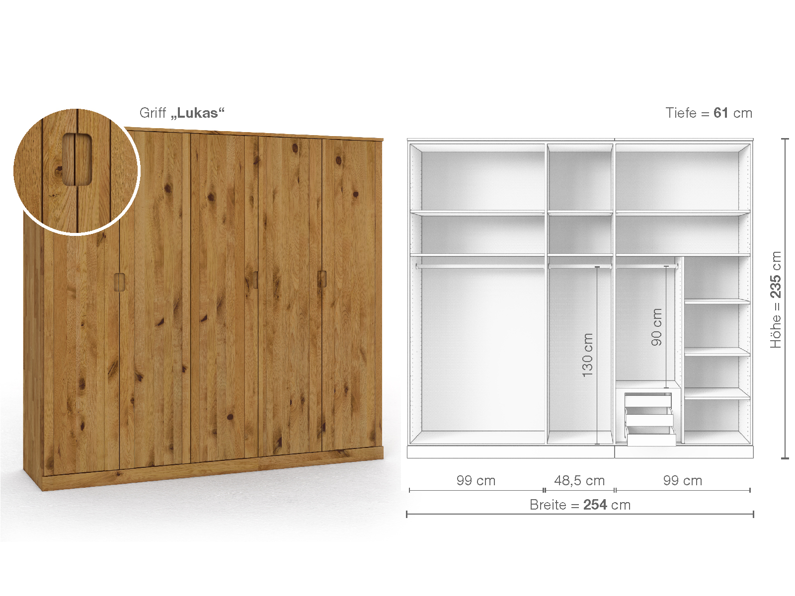 Wildeichenschrank „Arnika“, 5-türig, Höhe 235 cm, Griffausführung „Lukas“, Inneneinrichtung D