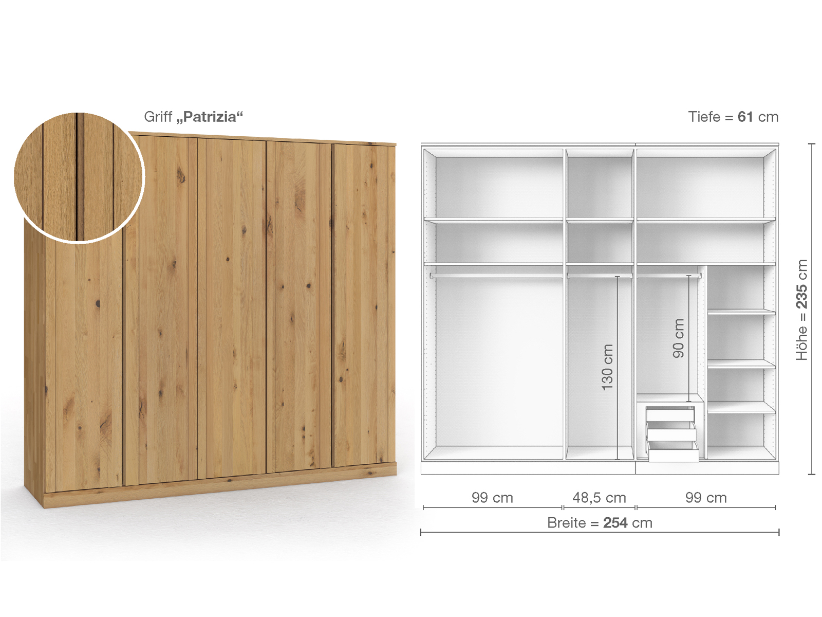 Wildeichenschrank Hell „Arnika“, 5-türig, Höhe 235 cm, Griffausführung „Patrizia“, Inneneinrichtung D