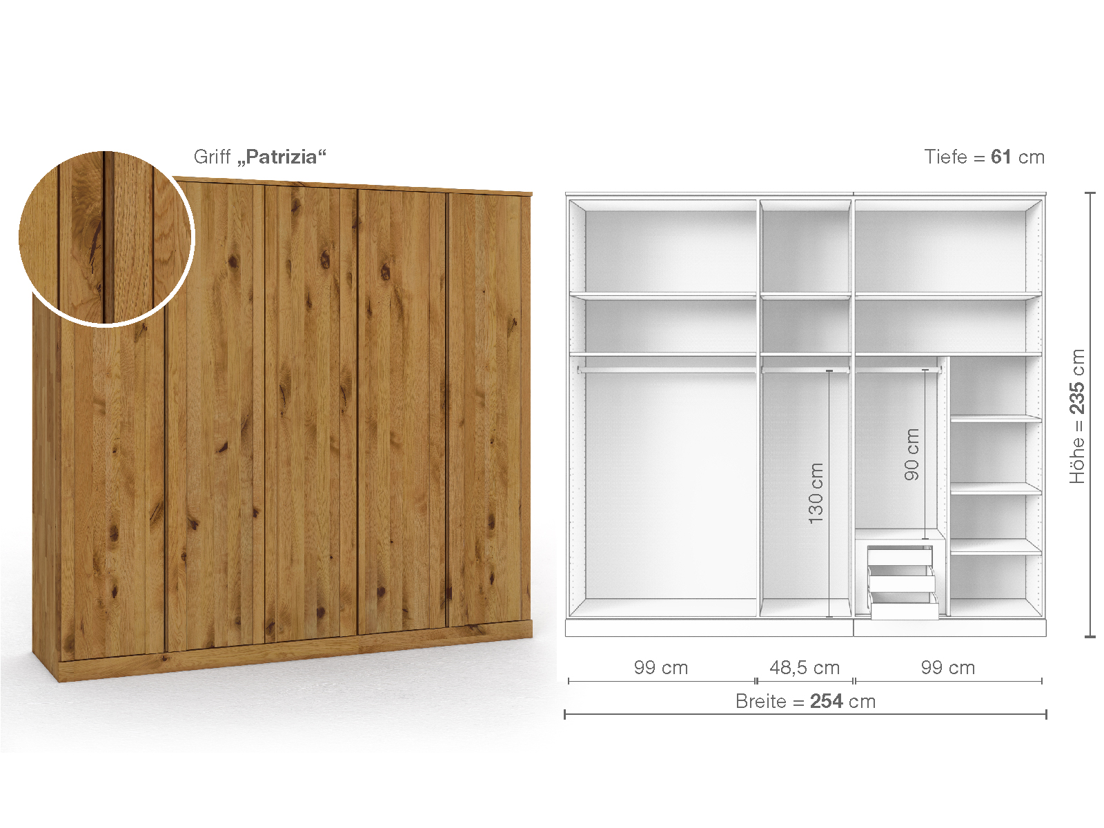 Wildeichenschrank „Arnika“, 5-türig, Höhe 235 cm, Griffausführung „Patrizia“, Inneneinrichtung D