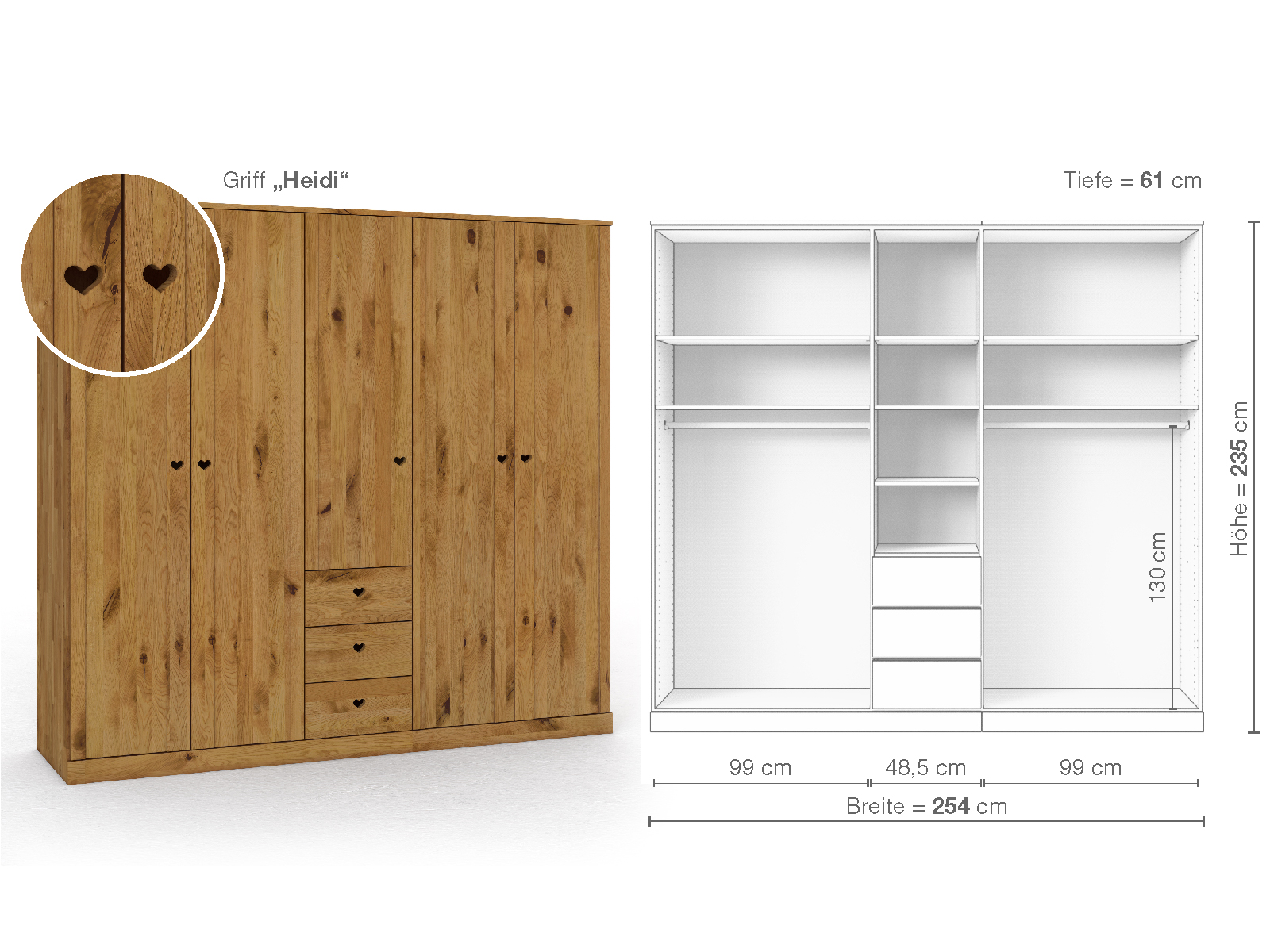 Wildeichenschrank „Arnika“, 5-türig, Höhe 235 cm, Griffausführung „Heidi“, Inneneinrichtung E