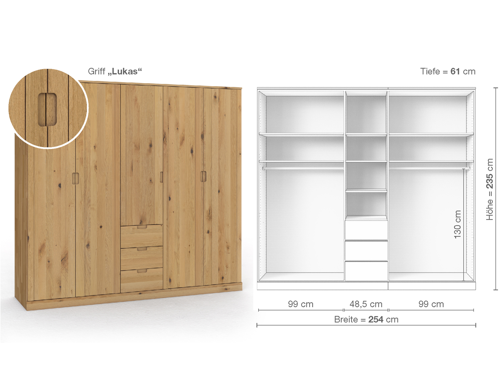 Wildeichenschrank Hell „Arnika“, 5-türig, Höhe 235 cm, Griffausführung „Lukas“, Inneneinrichtung E