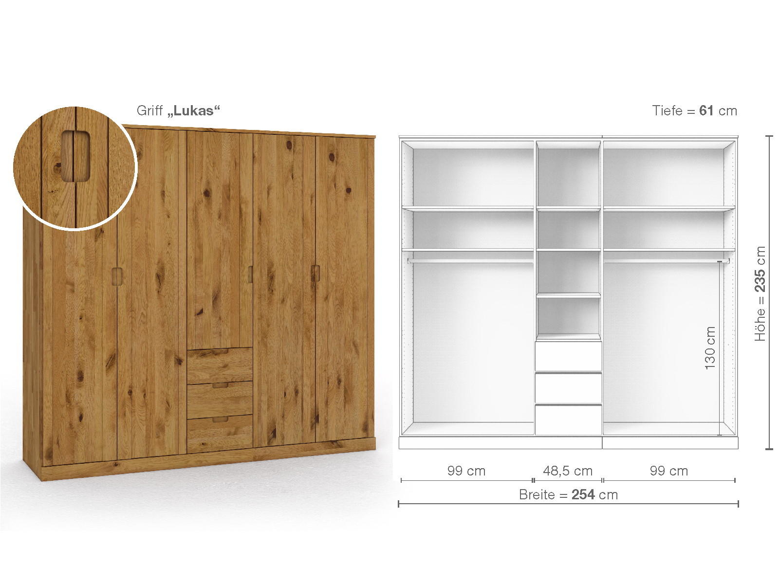 Wildeichenschrank „Arnika“, 5-türig, Höhe 235 cm, Griffausführung „Lukas“, Inneneinrichtung E