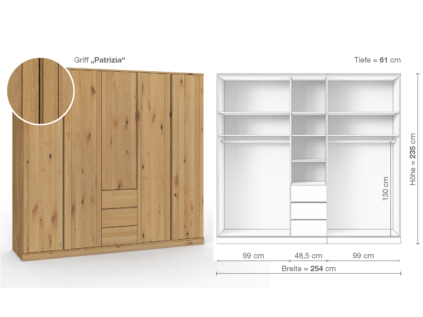 Wildeichenschrank Hell „Arnika“, 5-türig, Höhe 235 cm, Griffausführung „Patrizia“, Inneneinrichtung E