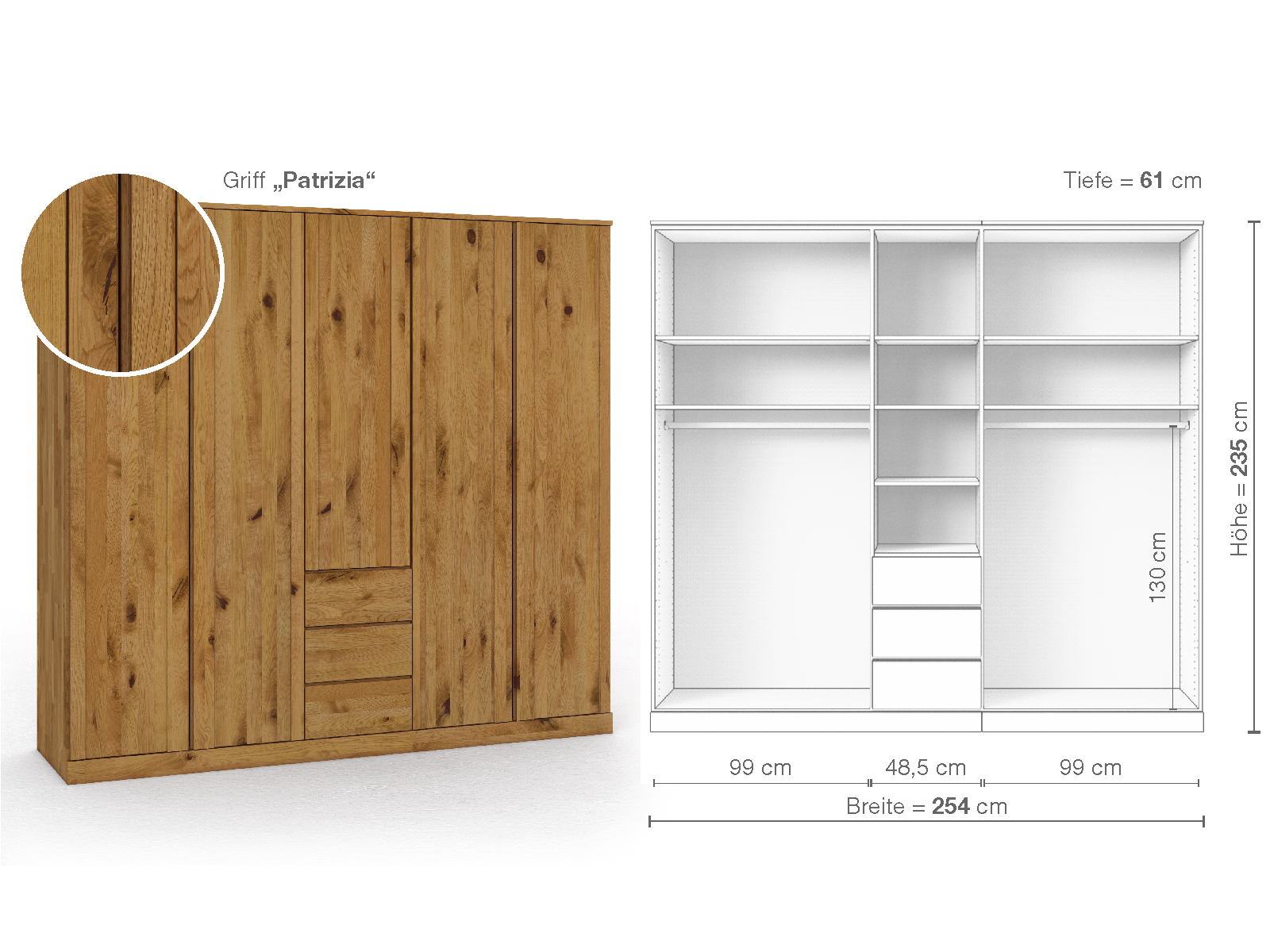 Wildeichenschrank „Arnika“, 5-türig, Höhe 235 cm, Griffausführung „Patrizia“, Inneneinrichtung E