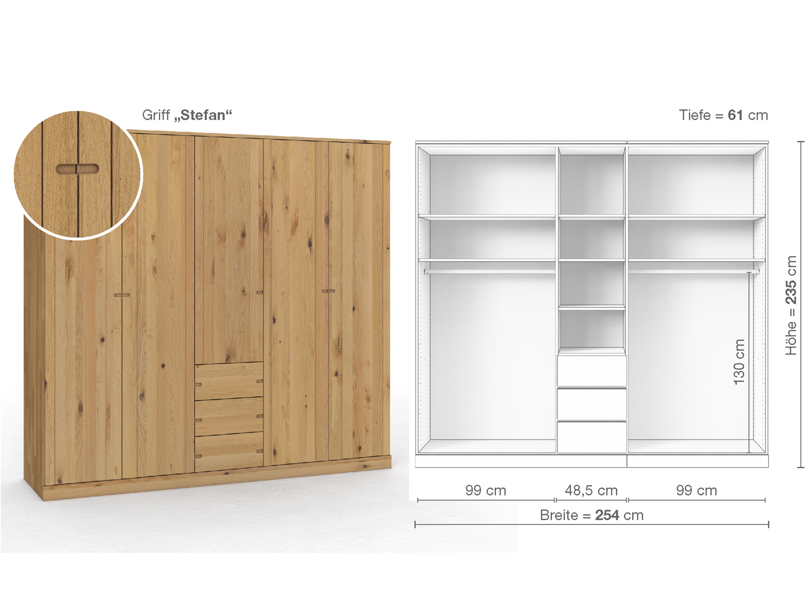 Wildeichenschrank Hell „Arnika“, 5-türig, Höhe 235 cm, Griffausführung „Stefan“, Inneneinrichtung E