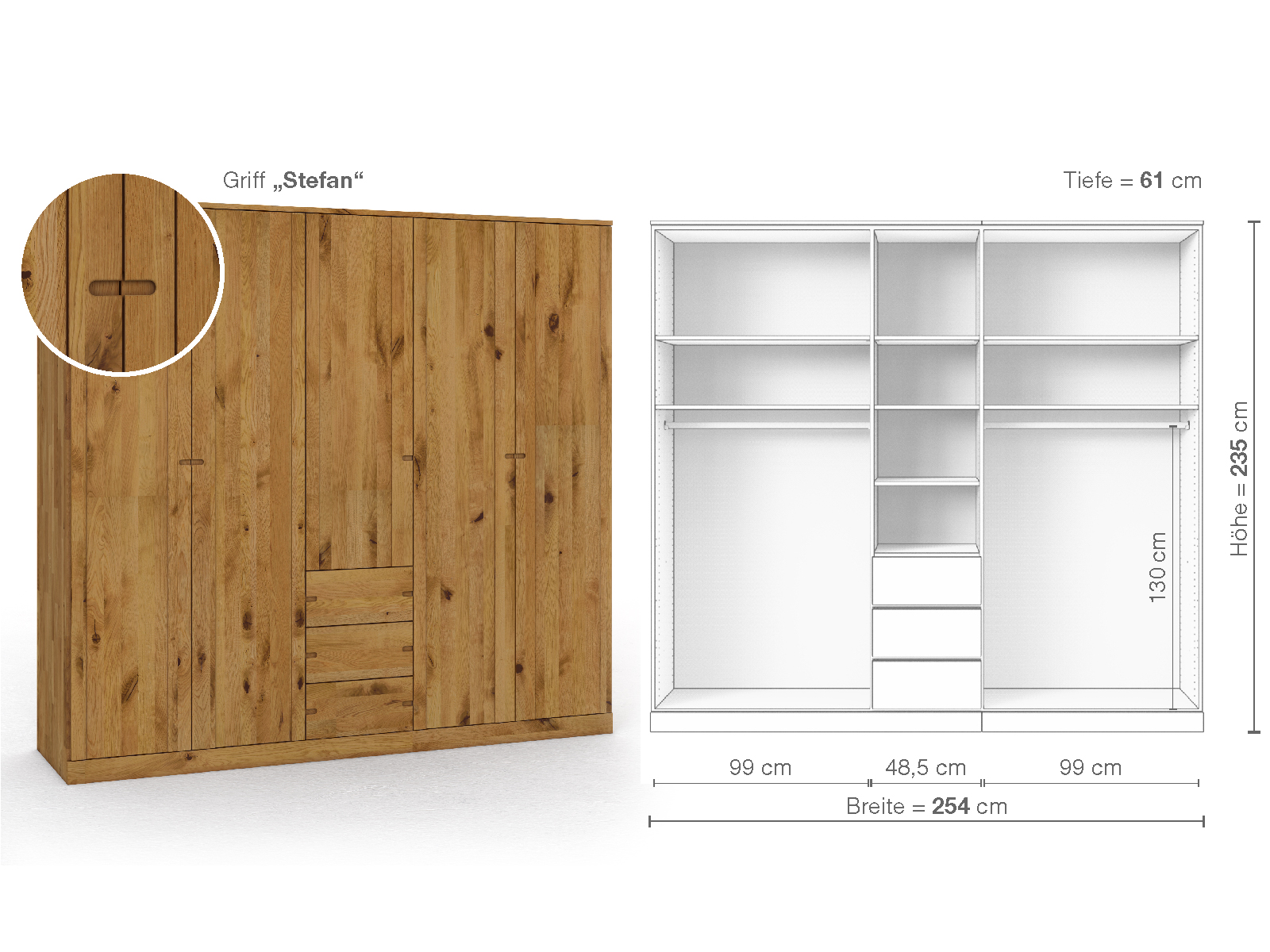 Wildeichenschrank „Arnika“, 5-türig, Höhe 235 cm, Griffausführung „Stefan“, Inneneinrichtung E