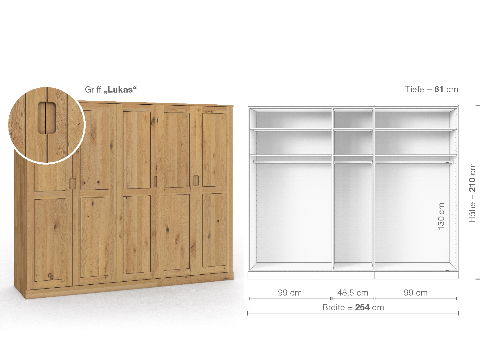 Schrank „Edelweiß“ aus Wildeiche Hell, 5-türig, Höhe 210 cm, Griffausführung „Lukas“, Inneneinrichtung A