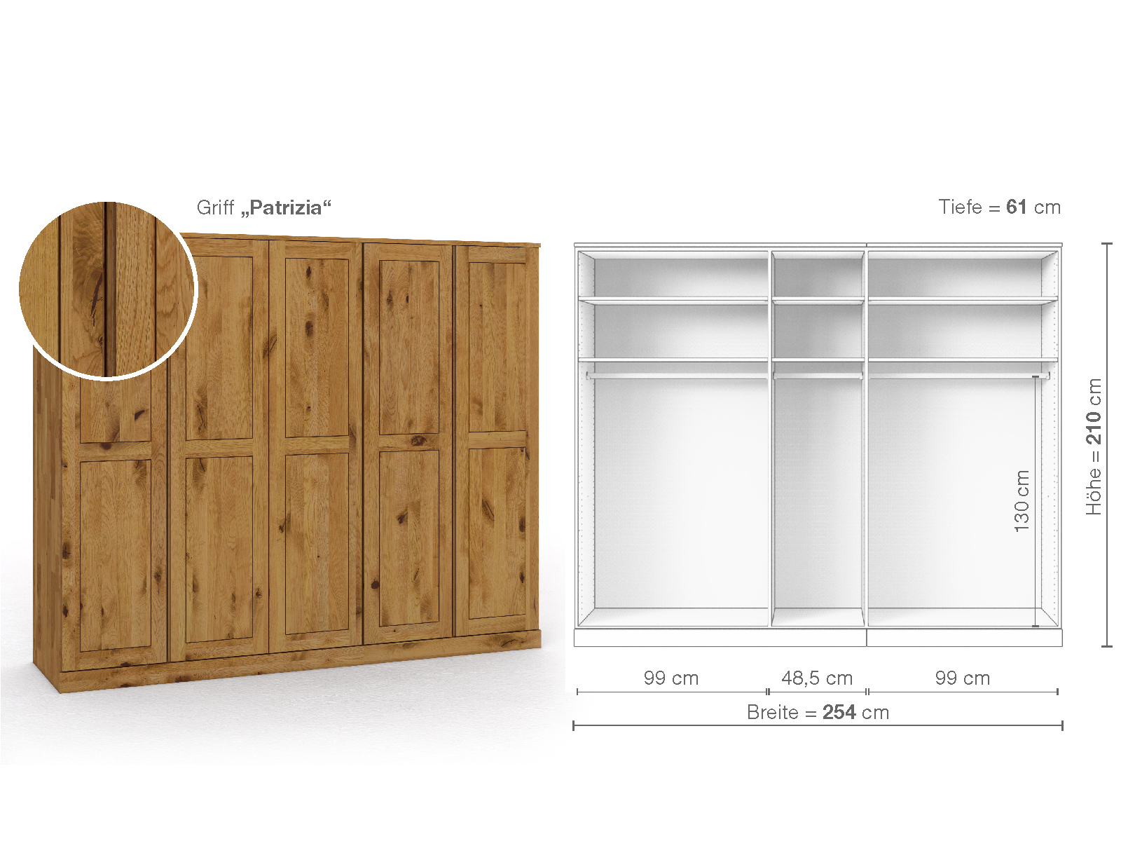 Schrank „Edelweiß“ aus Wildeiche, 5-türig, Höhe 210 cm, Griffausführung „Patrizia“, Inneneinrichtung A