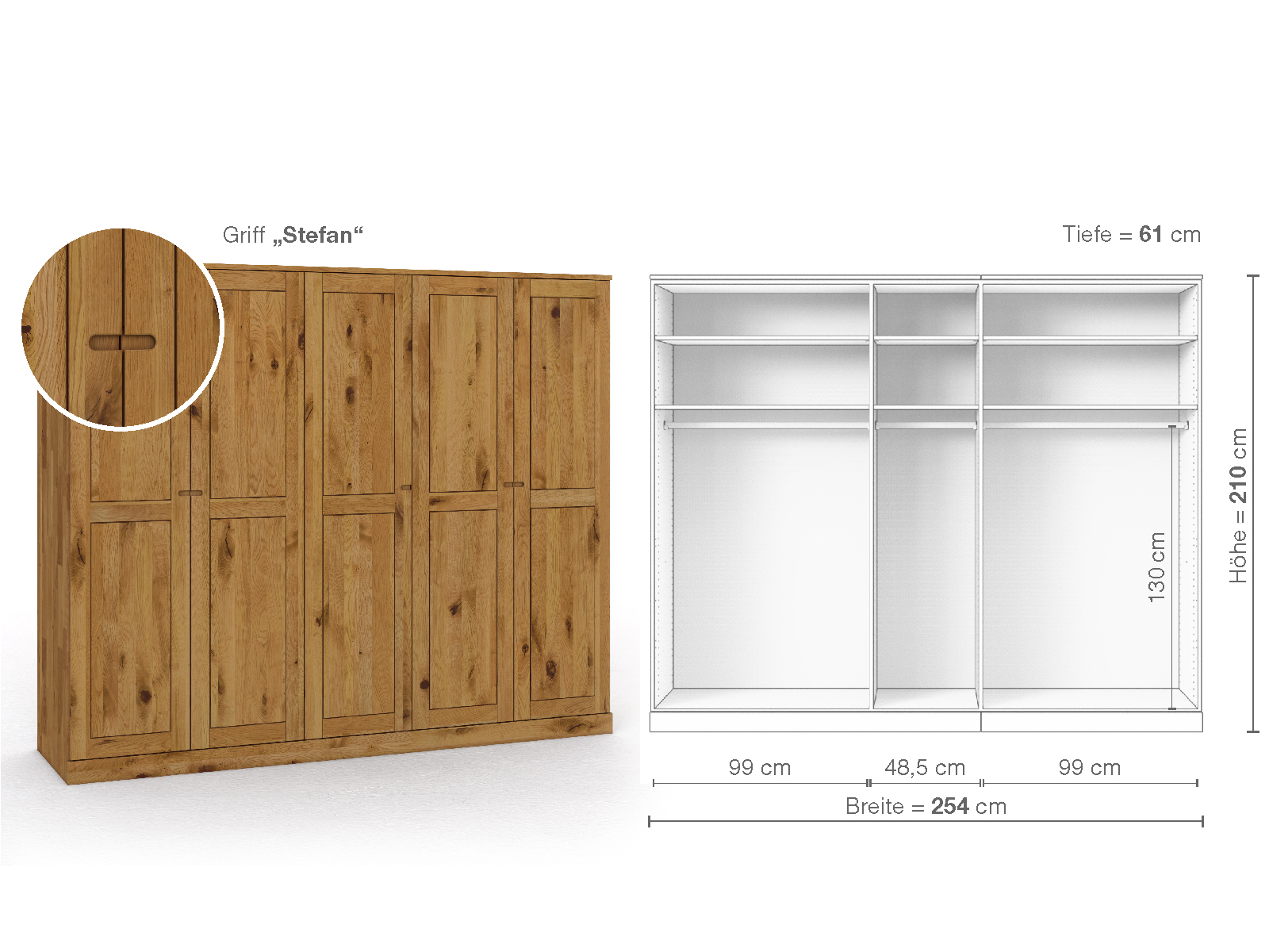 Schrank „Edelweiß“ aus Wildeiche, 5-türig, Höhe 210 cm, Griffausführung „Stefan“, Inneneinrichtung A