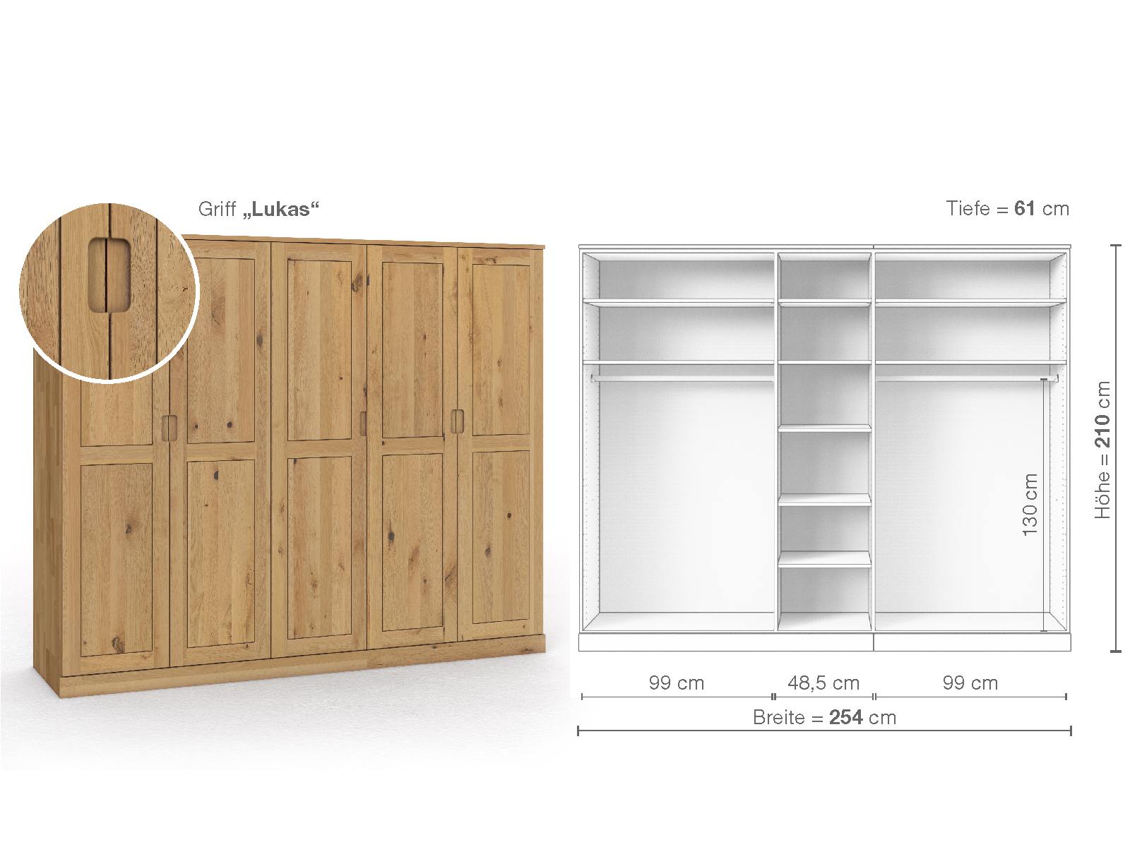 Schrank „Edelweiß“ aus Wildeiche Hell, 5-türig, Höhe 210 cm, Griffausführung „Lukas“, Inneneinrichtung B